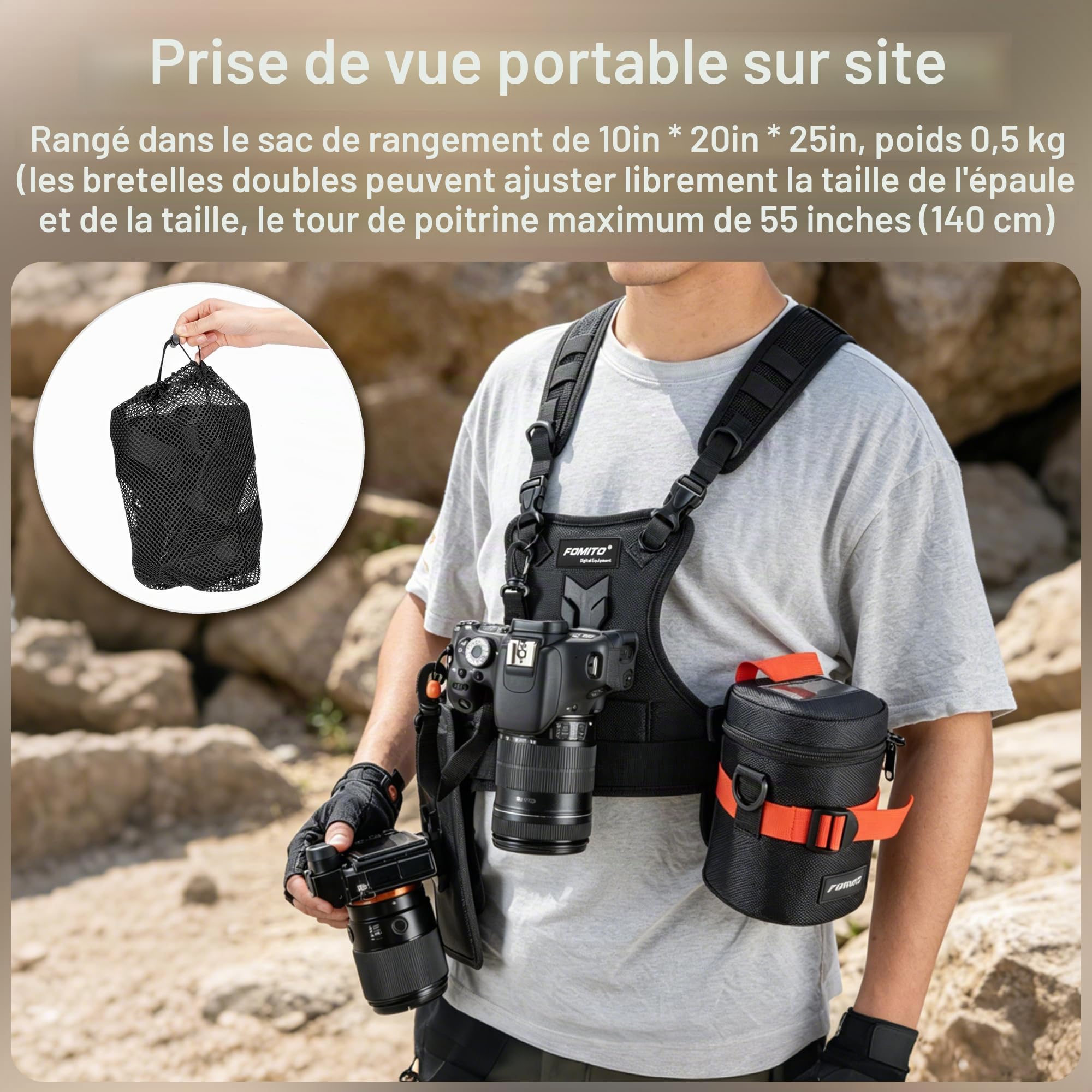 FOMITO Camera Chest Harness System Gilet de transport multi-appareil photo avec étui latéral Gris Compatible avec Canon Nikon Sony Panasonic Olympus DSLR