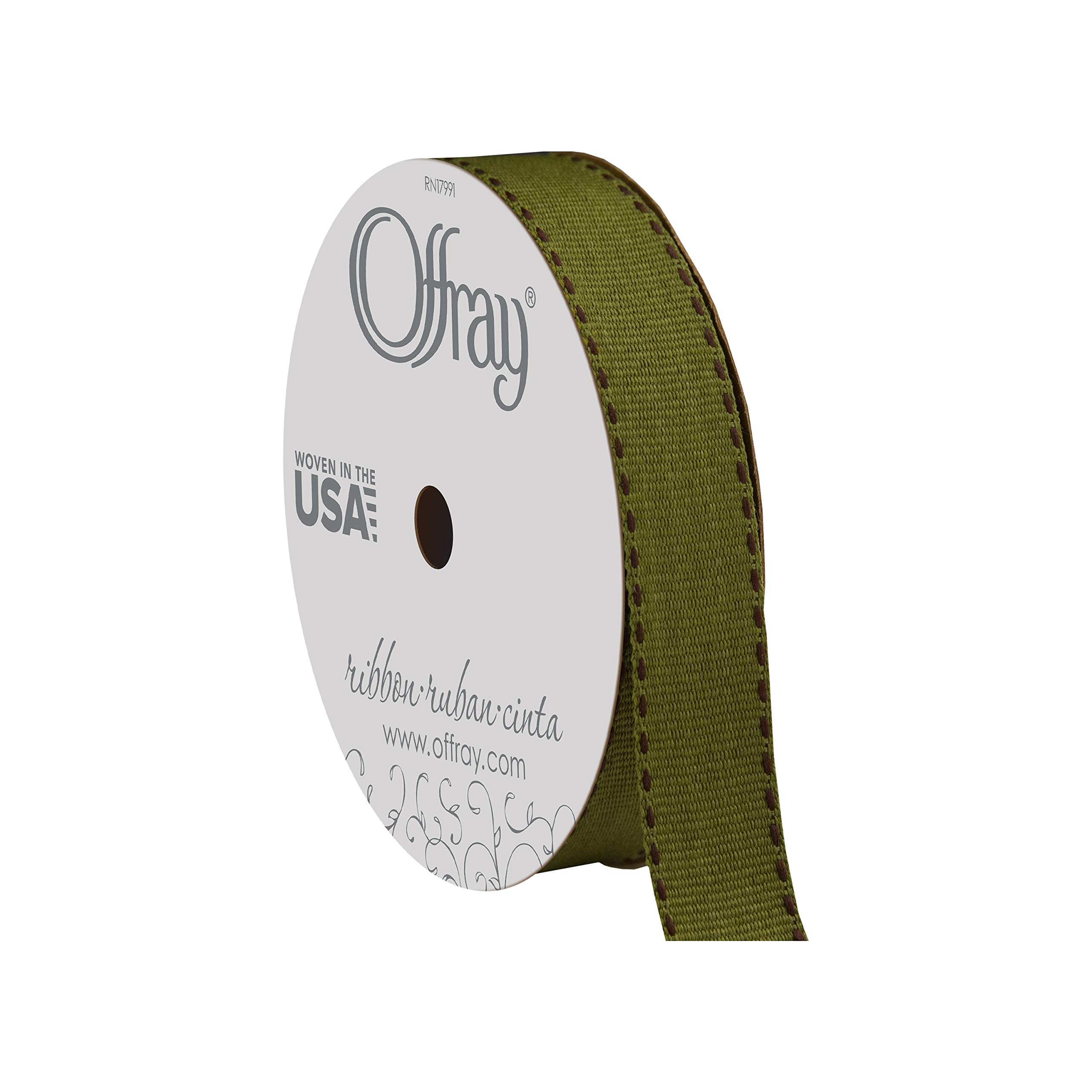 Offray 5/8" Wide Side Stitched Saddle Craft Ribbon, 3 Yards, Moss Green and Brown