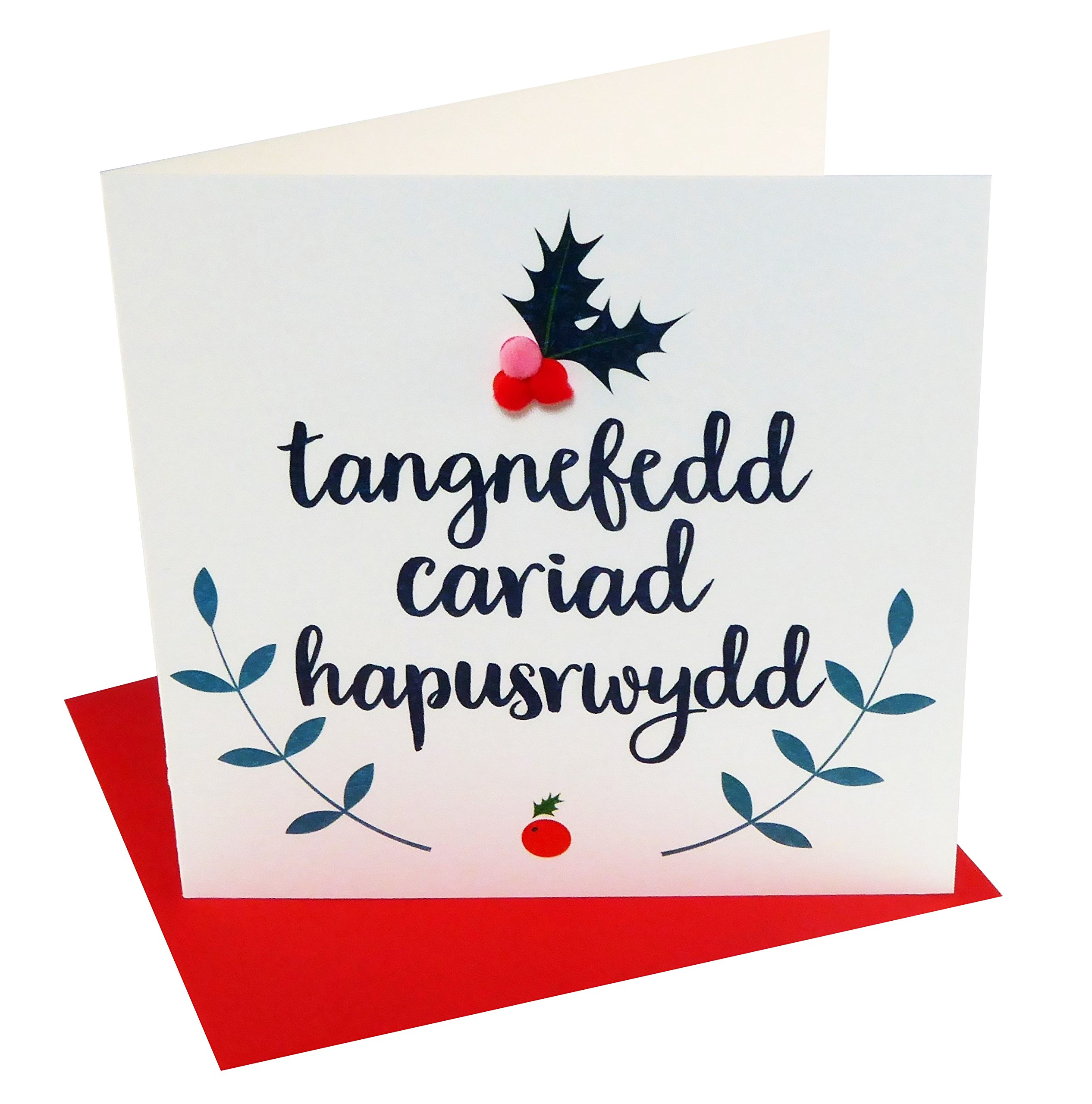 Claire Giles Greeting Cards, Welsh Happy Christmas Card, Nadolig Llawen, Love, Peace, Joy, Embellished with Colourful Pompoms