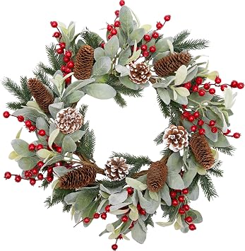 20 Inch Christmas Wreath for Front Door Flocked Lambs Ear Wreath with Pine Needles Pinecones Red Berries Christmas Decorations for Indoor Outdoor Xmas Decor