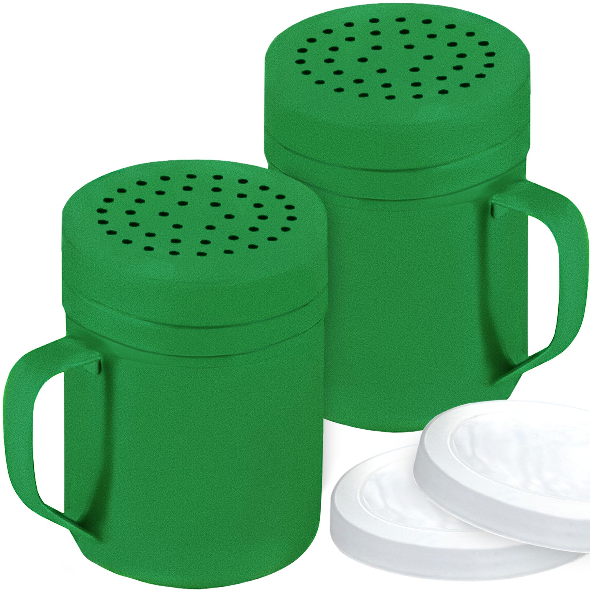 CUSINIUM 10oz Forest Green Stainless Steel Salt Pepper Dredge Shakers - With Plastic Cap - With Handle - Pack of 2