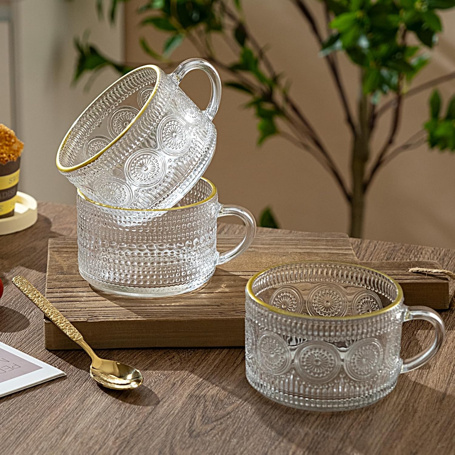 Today's Present 6pcs Vintage Glass Coffee Mugs Gifts for Women, Gold-plated Overnight Oats Containers With Bamboo Lids and Spoons, 14oz Clear Embossed Glass Cups, Tea Cups, Iced Coffee Glasses
