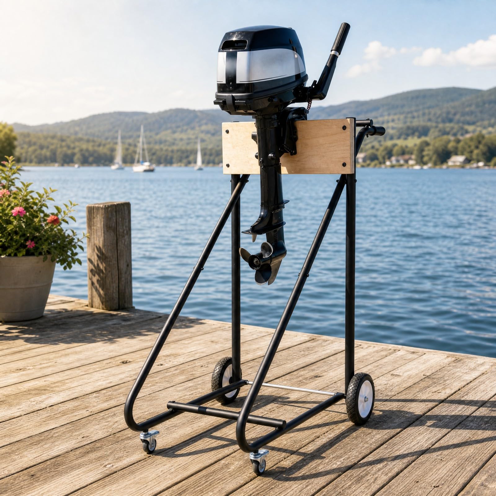 SOARS Supporto per Motore Fuoribordo con 4 Ruote, Portata 150 KG | Carrello di Trasporto per Motore con Struttura in Metallo, Pannello in Legno e 2 Maniglie Ergonomiche, 115 X 57 X 104,5 CM