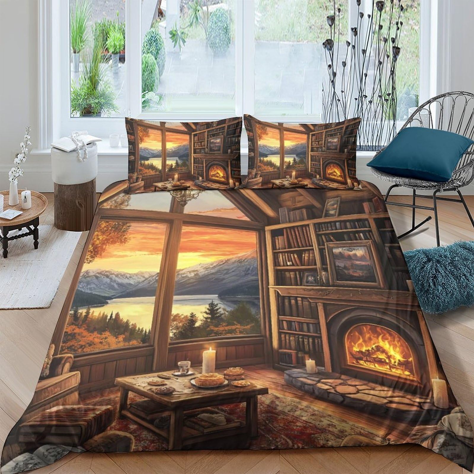 Ctjqhvkz Style-6 3D Printed Cozy Cabin Sunset Fitted Sheet Microfiber Warm Fireplace Bed Cover For Bedroom Dorm Decorative Protection Single（135X200cm）