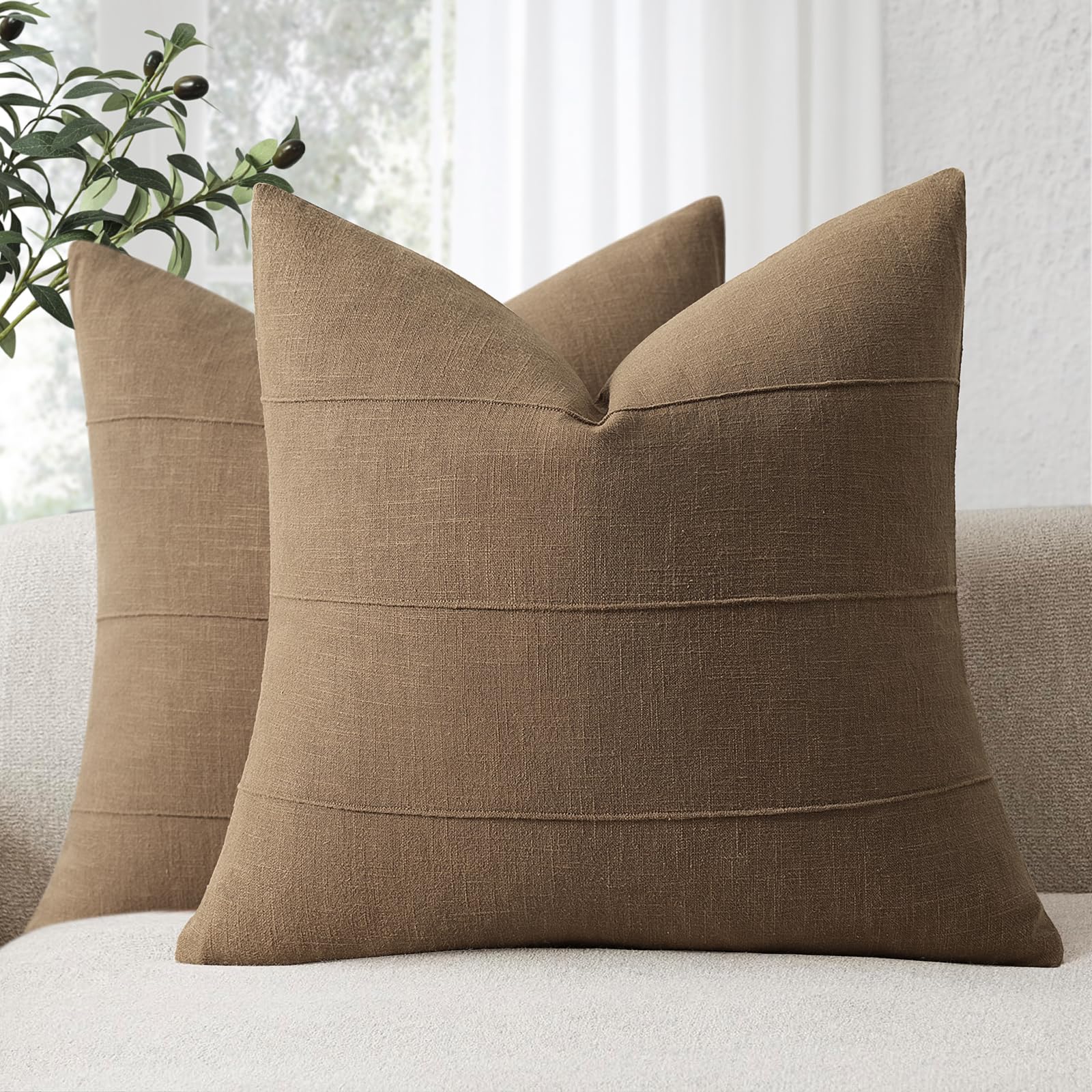 ZWJD Decorative Linen Cushion Covers 40x40 Set of 2 Solid Handcrafted Striped Throw Pillow Covers Soft Modern Farmhouse Neutral Cushion Covers for Sofa Bedroom Living Room Home Decor (Coco Brown)