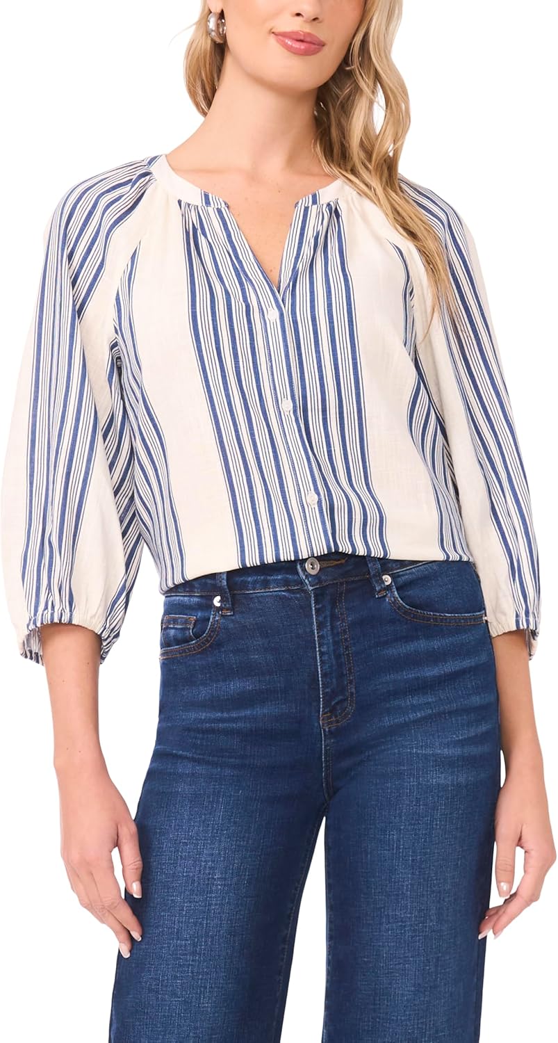 Vince Camuto Women's 3/4 Sleeve Striped Linen Raglan Button Down Blouse