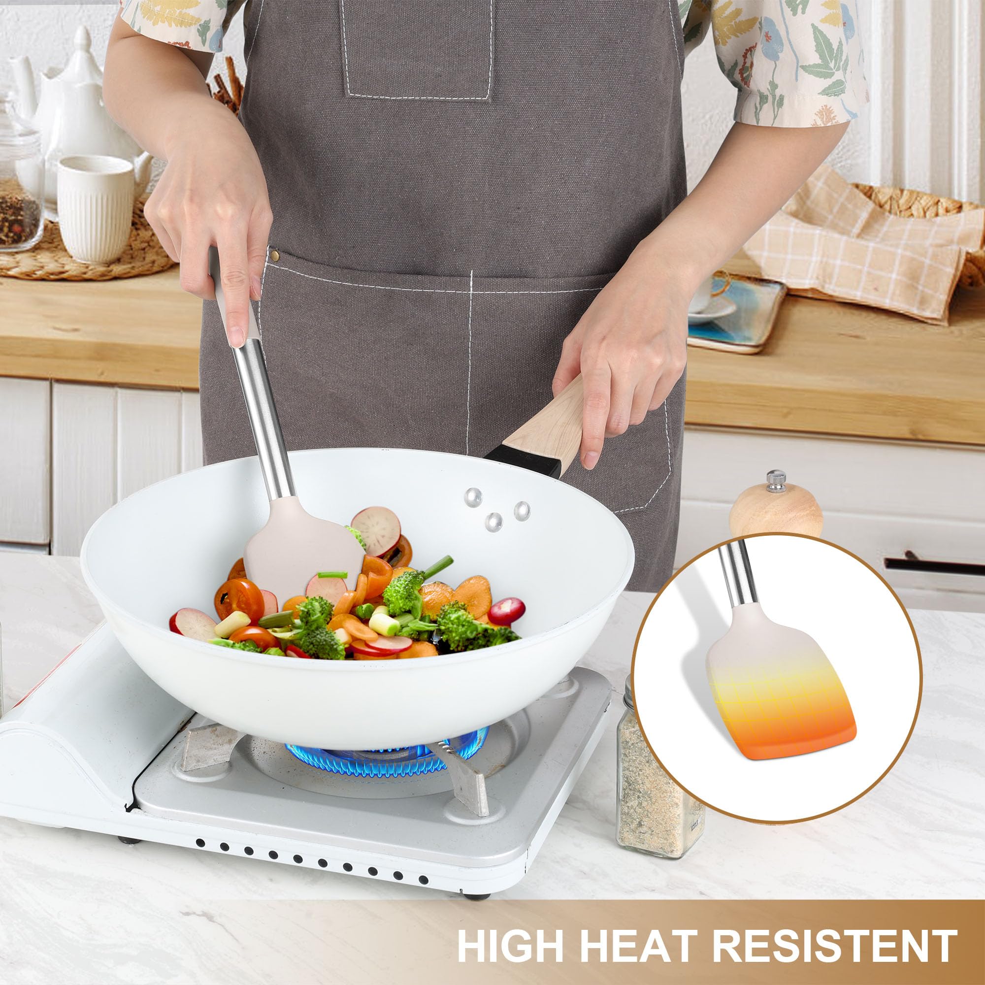 LIANYU Juego de 15 utensilios de cocina con soporte, herramientas de cocina de silicona con mango de acero inoxidable, dispositivos resistentes al calor, espátula, cuchara y batidor para utensilios de