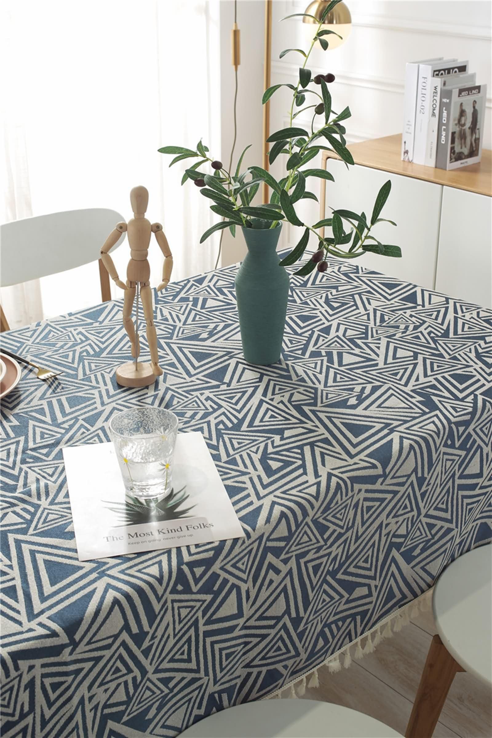 Mantel Rectangular Azul Marino Terraza, Patrón de Triángulo con Borlas, de Poliéster Fácil de Limpiar, 120 x 160 cm, Mantel para Mesa de Centro