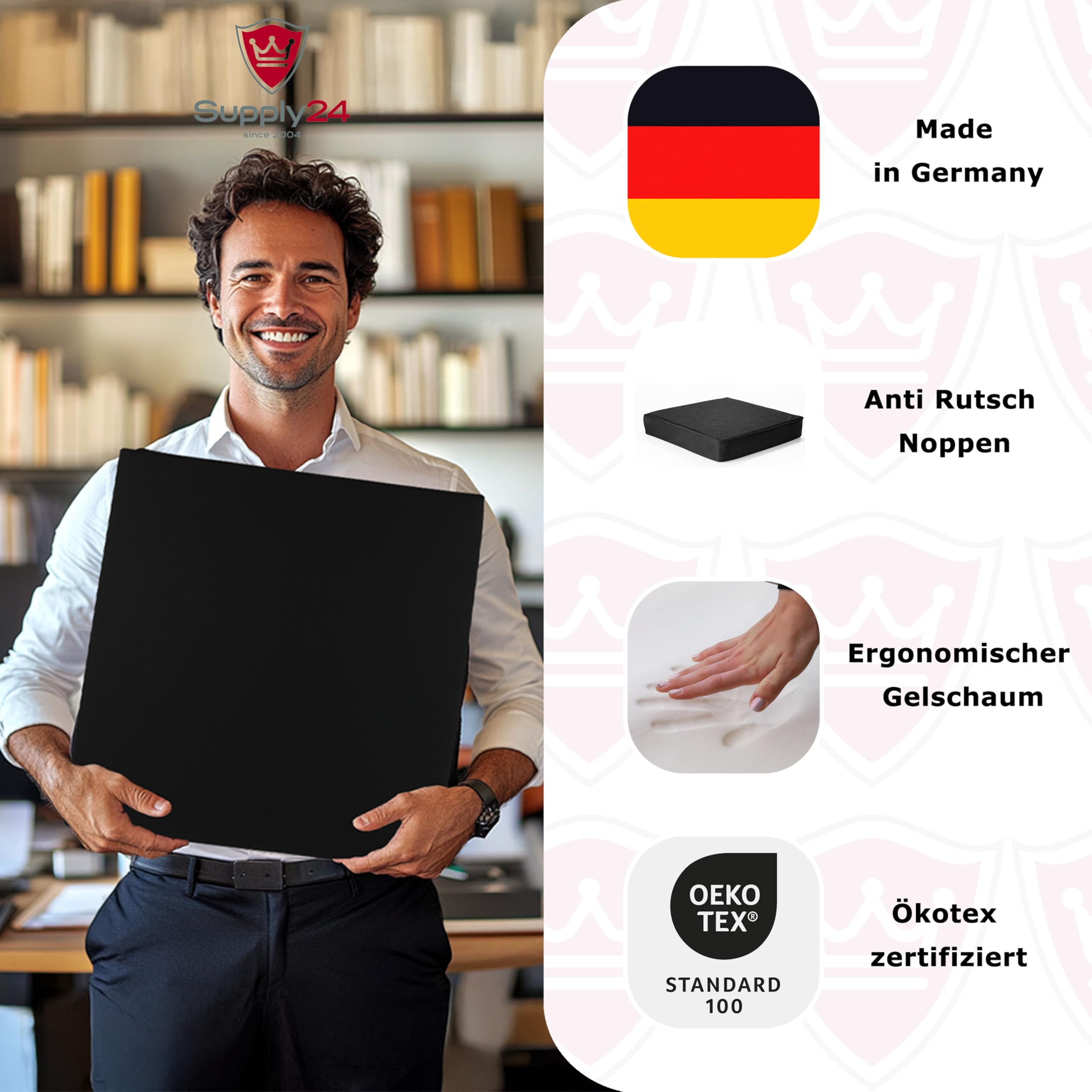 Orthopädisches Anti Dekubitus Gelschaum Sitzkissen 40x40x5 cm – Made in Germany | Ergonomisch & extra kompakt Sitzpolster (RG 60 (weich) Mit Polyester Bezug schwarz)