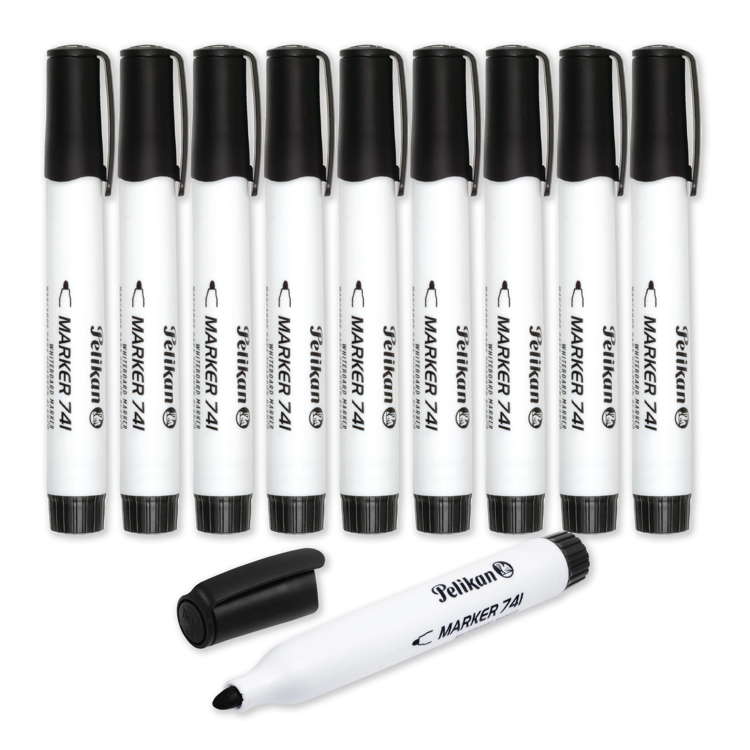 Pelikan Whiteboard Marker Pens 741, Black, 2 mm Bullet Tip, Refillable Dry Erase Markers with Cap-Off Ink, Pack of 10