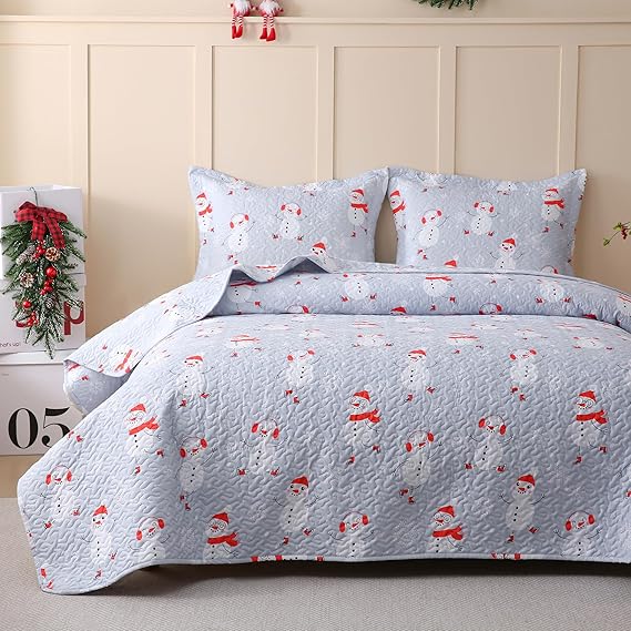 JSD Blue Snowman Christmas Kids Quilt Set Twin Size, 2 Pcs Christmas Bedding, Soft Microfiber Printed Bedspread Coverlet Holiday Quilted Blanket