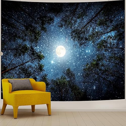 Forest Galaxy Starry Tapestry for Bedroom Ceiling, Blue Space Night Starry Sky Moon Stars Tapestry Aesthetic, Tree Forest Milky Way Backdrop Wall Hanging for Dorm Living Room Decor (51" X 60") - 60"L x 51"W - Galaxy Forest Tapestry
