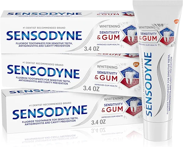 Sensodyne Sensitivity & Gum Whitening Toothpaste, Toothpaste for Sensitive Teeth & Gum Problems, 3.4 Ounces (Pack of 3)