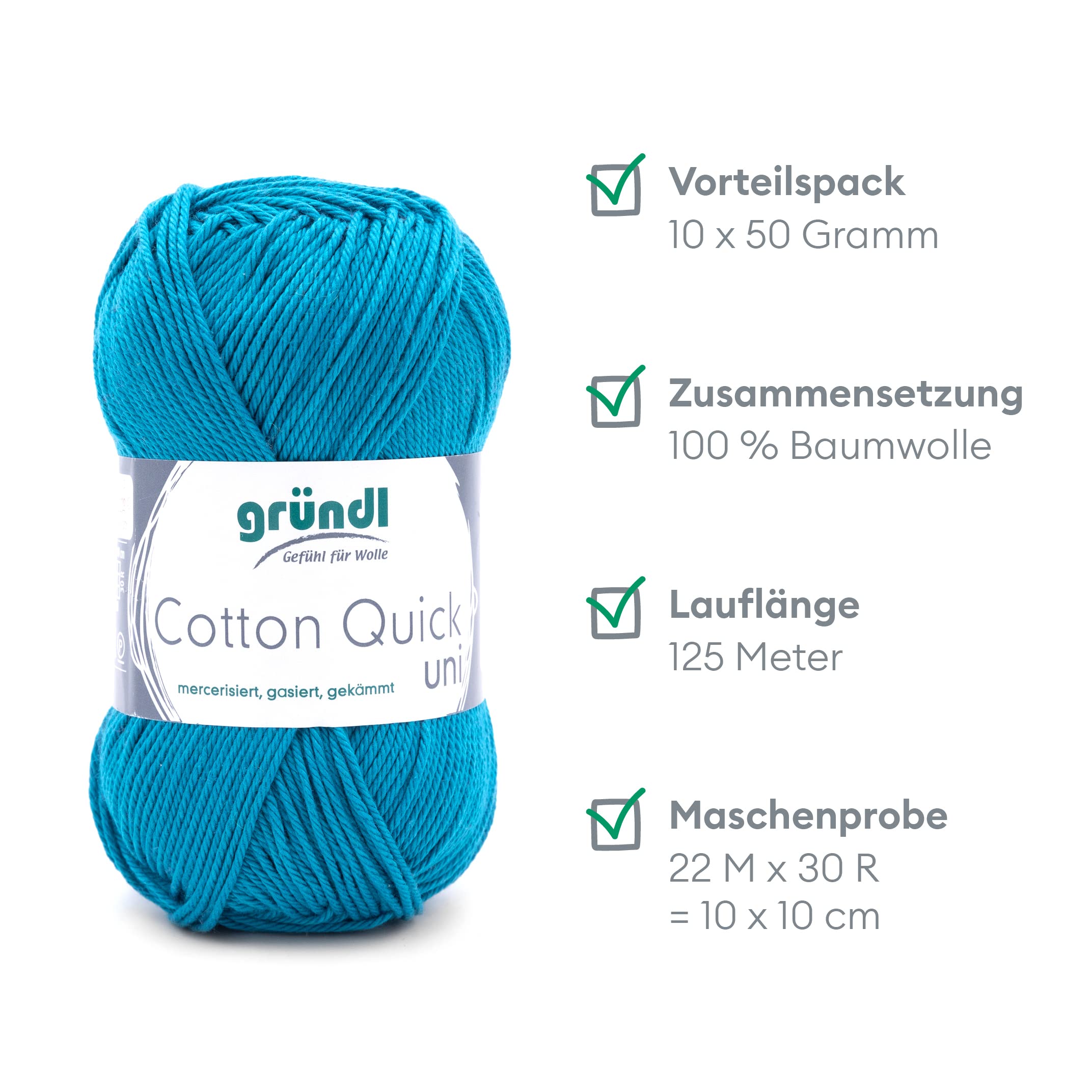 Gründl Wolle Cotton Quick uni - dünne Wolle zum Häkeln - Strickgarn - Häkelgarn - Glänzend und hautfreundlich - 100% Baumwolle - 10 Knäuel / 125 m - Nadelstärke 3-4 - Petrol – Bild 2