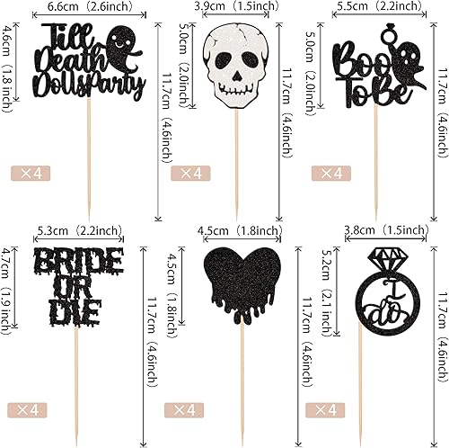 Miniatura 2 de 24 piezas de decoración de cupcakes para fiesta de soltero de Halloween, anillo de novia o muerte, calavera, corazón sangriento I Do para Halloween,