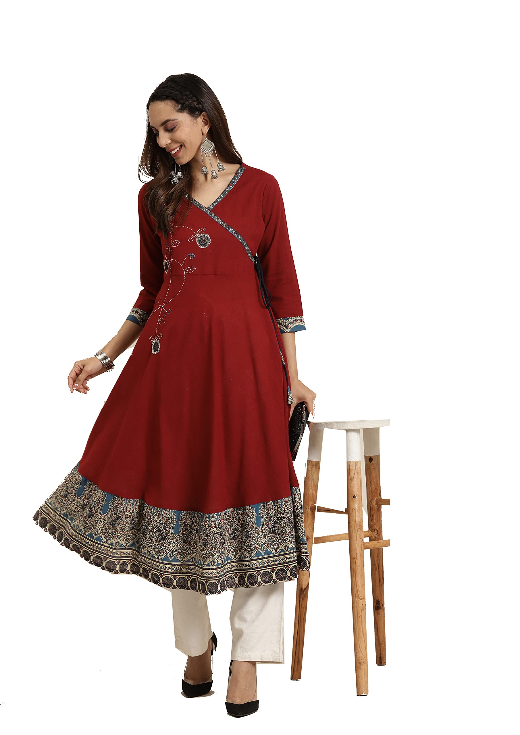 Yash GalleryWomen's Cotton Blend Kalamkari Print Kaantha Work Anarkali Kurta For Summer