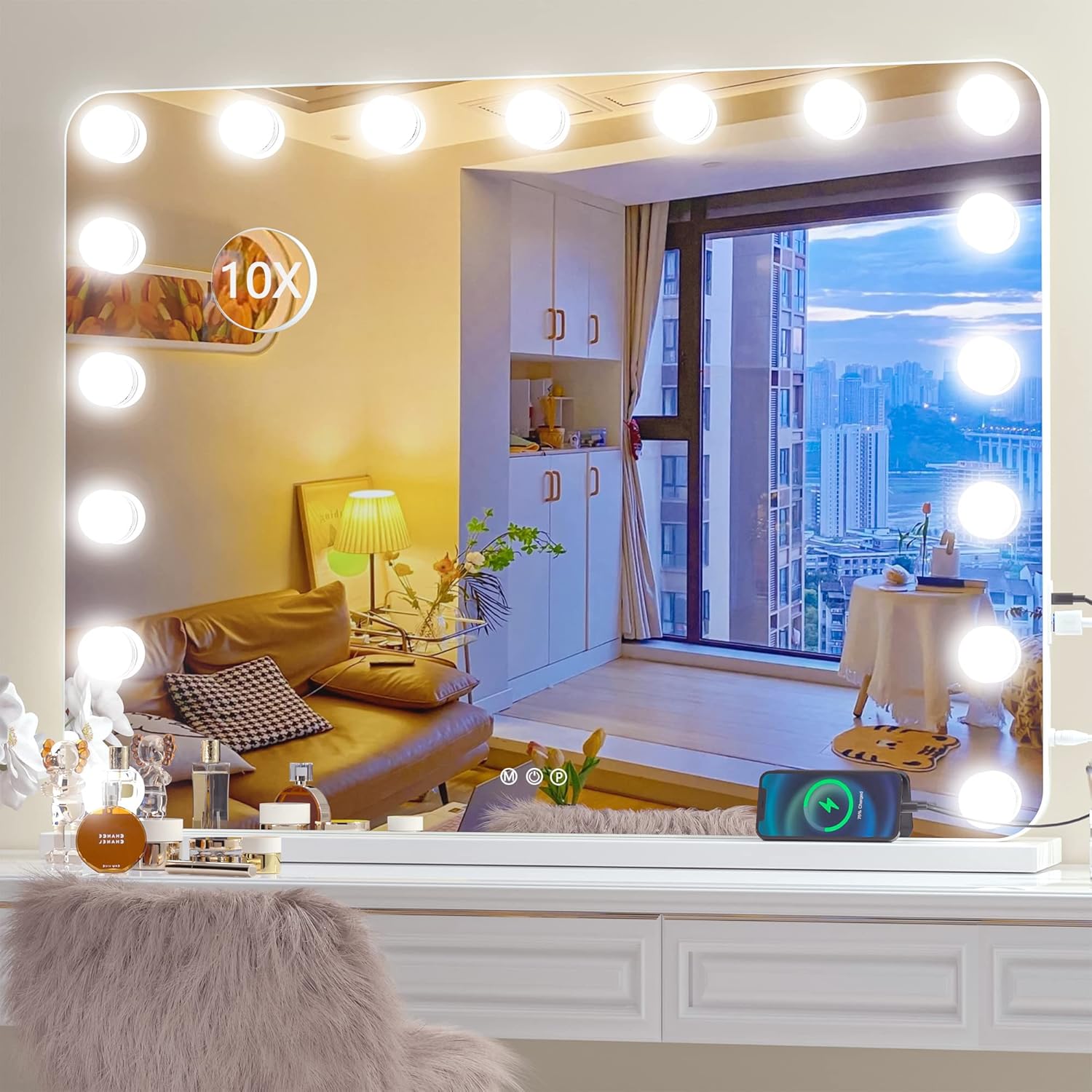 Hasipu Vanity Mirror with Lights, 32" x 24" Hollywood Mirror, Makeup Mirror with 17 Dimmable Bulbs and 10X Magnification, 3 Colors Modes, Touch Control, USB Charging Port, Type-C (Round White) Round White 32"L x 24"W