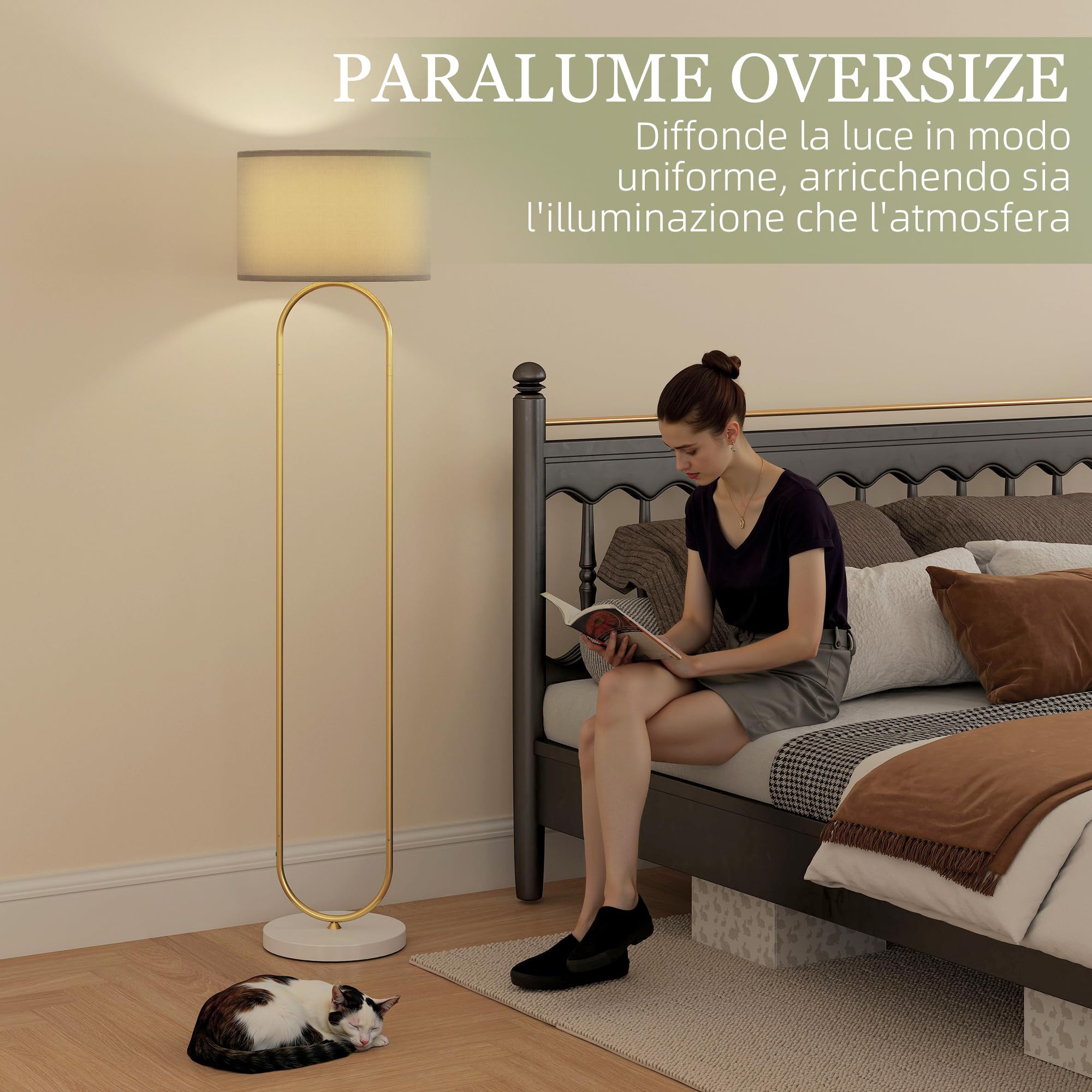 HOMCOM Lampada da Terra Moderna con Doppio Tubo Metallico Base Grande Oro | Lampada a Piantana, Paralume in Tessuto, Interruttore a Pedale, Base di Appoggio, per Salotto e Camera da Letto