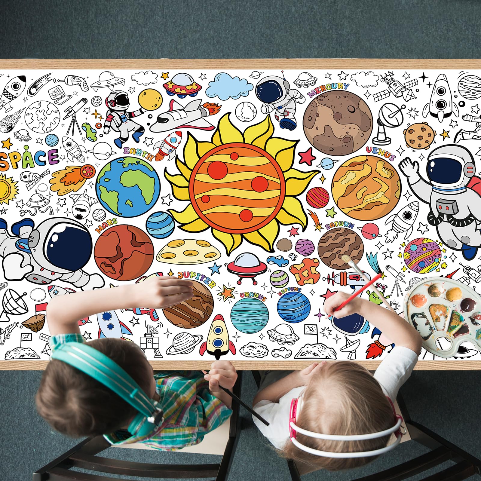 Outer Space Coloring Poster for Kids - 35.5 x 72 Inch Giant Space Activity Coloring Tablecloth for Classroom Party Supplies, Astronaut Solar System