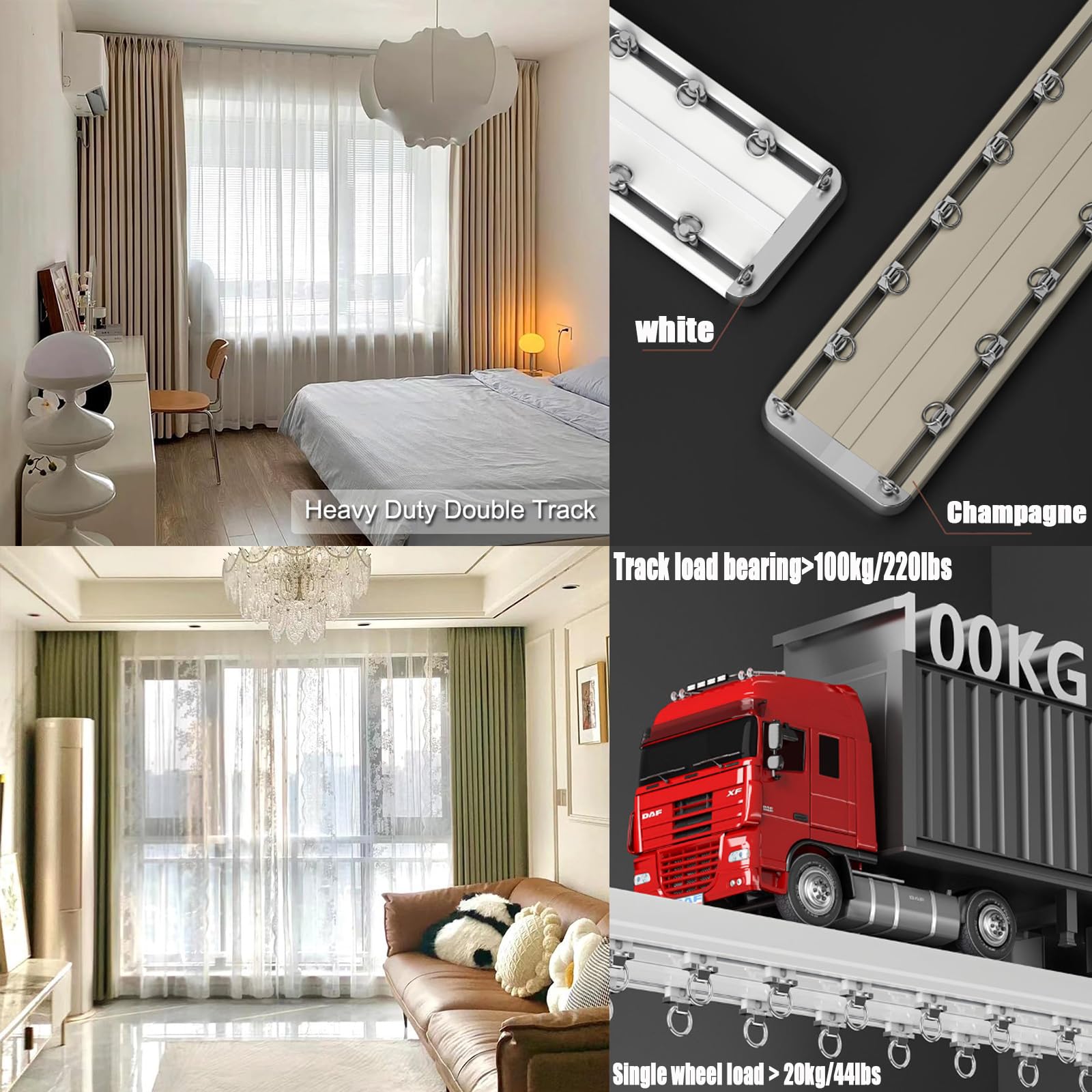 Rail en aluminium à 2 canaux pour rideaux coulissants d'intérieur – Design manuel (sans corde) – Surplombs modernes à volants – 4,8 m / 16ft – Solution élégante de décoration d'intérieur