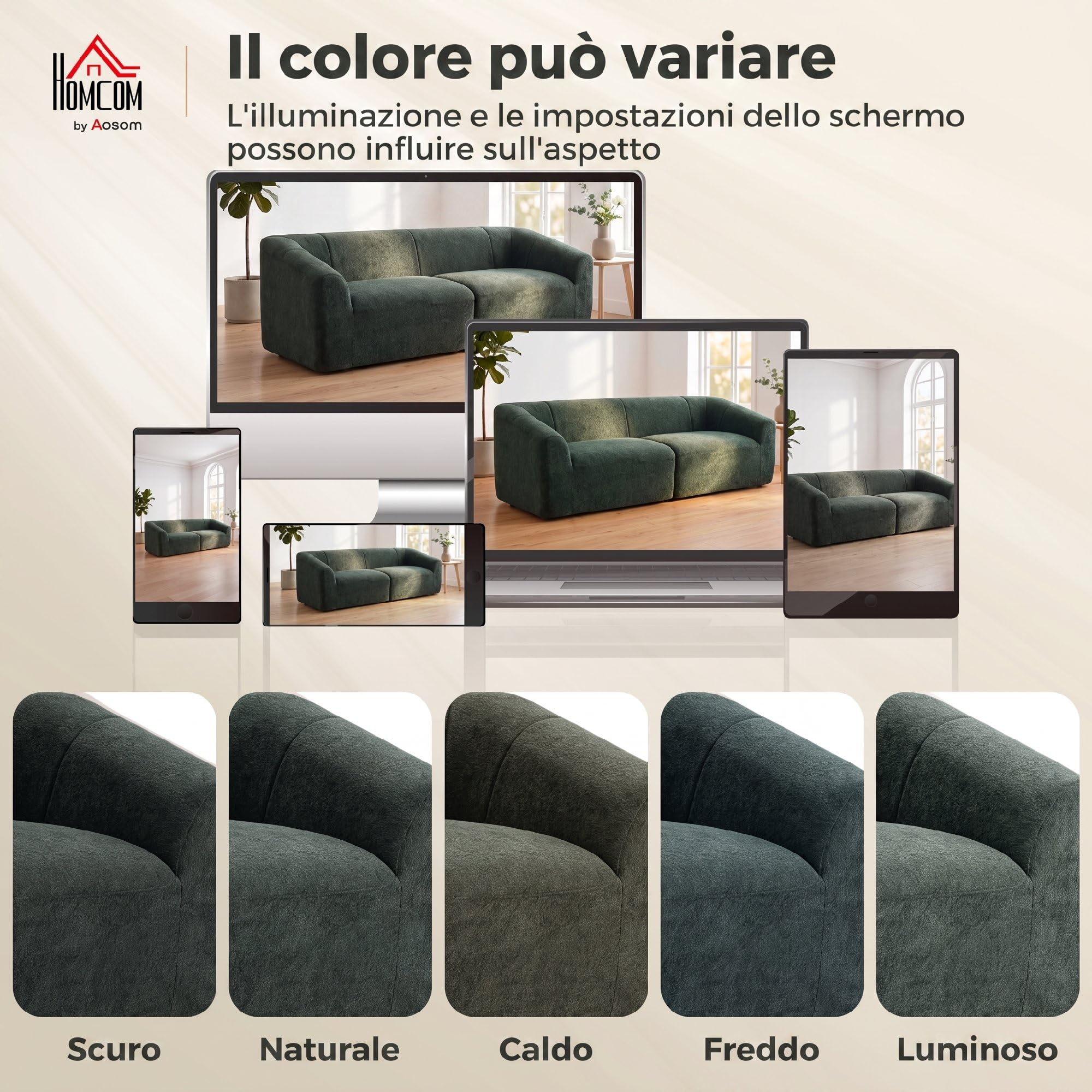 HOMCOM Divano 3 Posti Senza Struttura Seduta Ampia 225x93x68 cm Verde | Imbottitura Spessa, Divano Compresso Moderno in Ciniglia, per Salotto e Soggiorno, Verde Scuro
