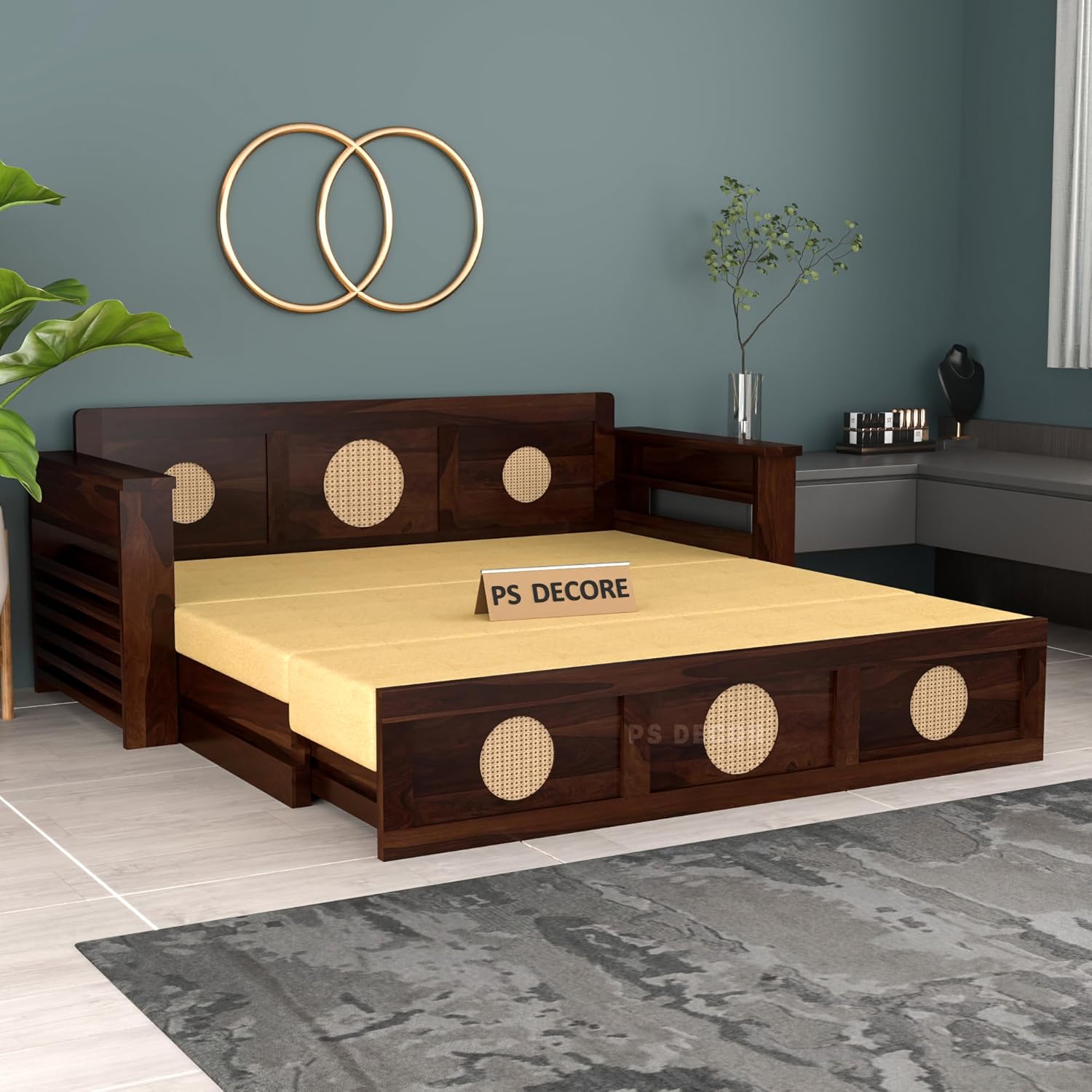 Sheesham Wood 3 Seater Sofa Cums Bed with Storage | Wooden Sofa Bed for Living Room & Bedroom | Day Bed with Rattan Cane Design | Walnut Finish Sheesham Wood 3 Seater Sofa Cums Bed with Storage | Wooden Sofa Bed for Living Room & Bedroom | Day Bed with Rattan Cane Design | Walnut Finish