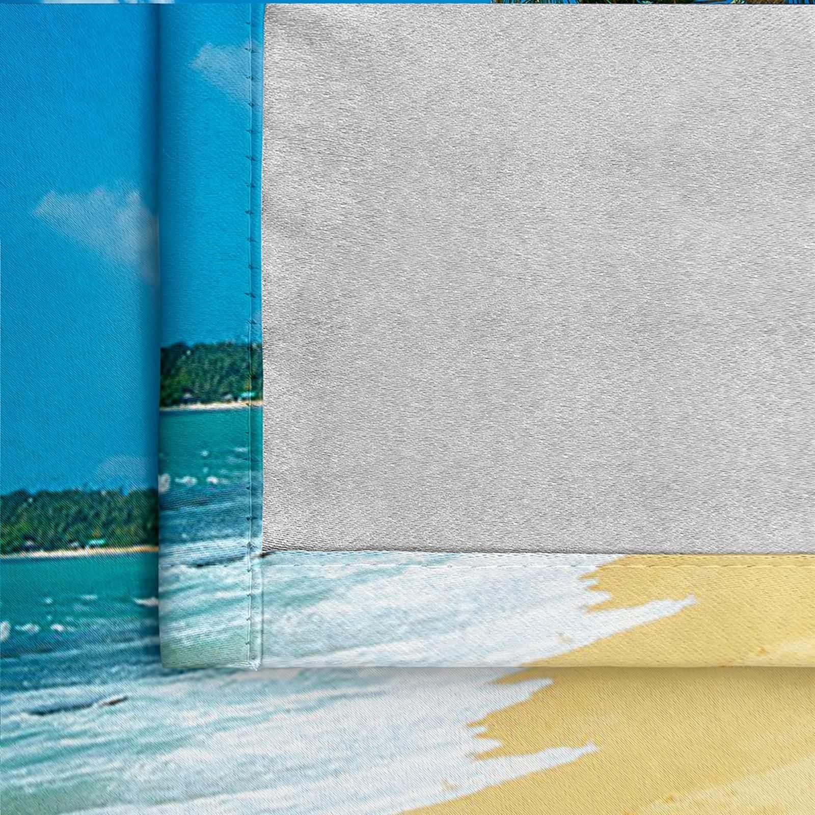 Rideau de Cuisine Long, Rideau Anniversaire Bleu Blanc Vert Polyester Plage de Ciel Bleu et Cocotiers 132L x 274H CM Lot de 2