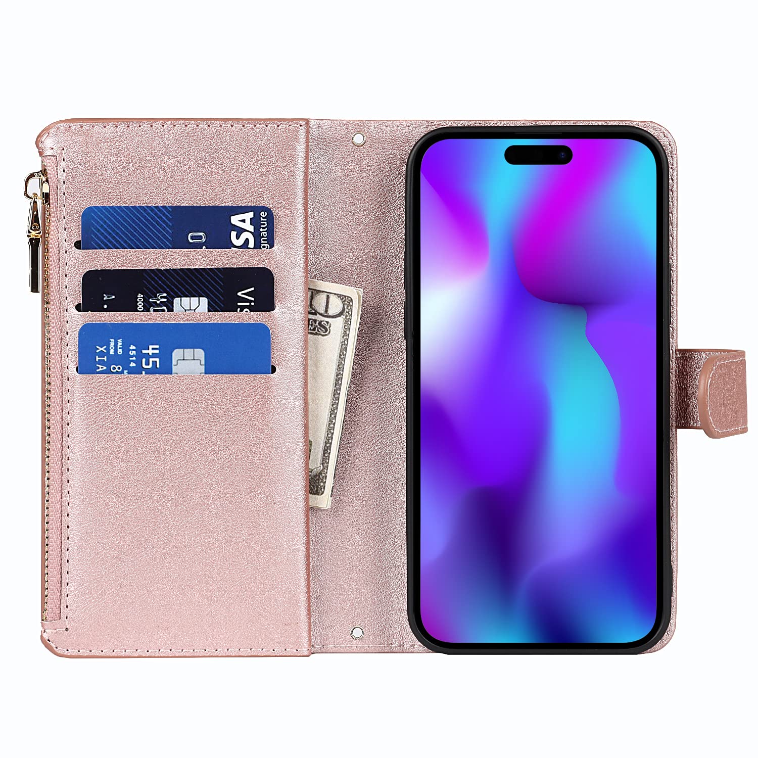 CAVOR Leder-Handyhülle Mit Band Für IPhone 14 Pro – 9 Kartenfächer, Magnetverschluss, Flip-Design