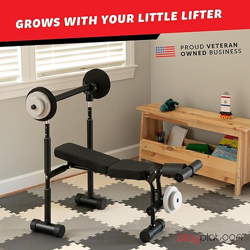 Miniatura 7 de Play Platoon Juego de banco de pesas para niños, equipo de gimnasio para niños para el hogar, juegos de pesas de prensa de banco para niños, juego