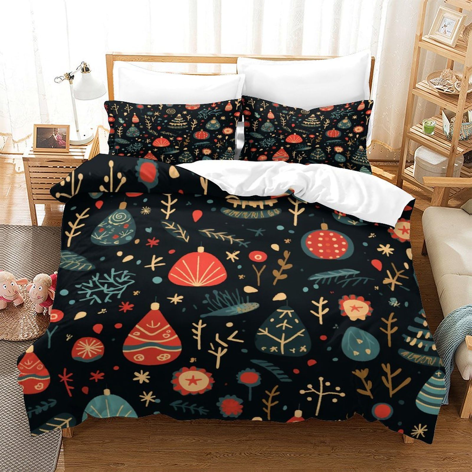 Zhudong Christmas Theme Cute Patterns3D Printed Quilt Cover Zipper Closure 3Pcs Bedding Cover with 2 Pillowcase Microfiber for Kids Adult Teens Single（140x200cm）
