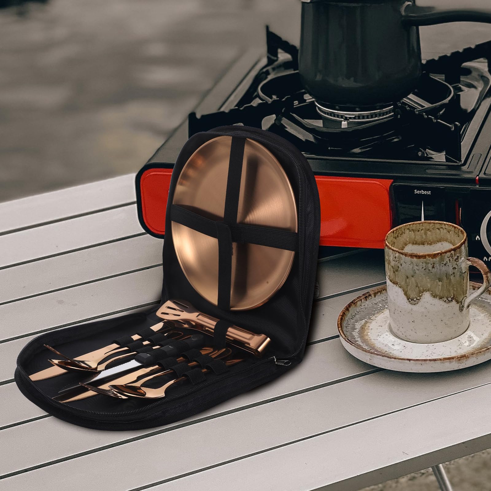 Set de Couverts Camping Acier Inoxydable avec Fourchette Cuillère et Couteau Vaisselle Portable avec Pochette de Rangement Ustensiles Légers pour Pique- et Plein Air