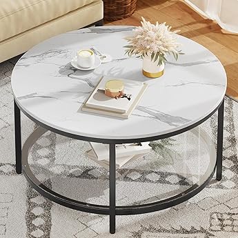 DWVO Round Coffee Tables for Living Room, 2 Tiers Marble Coffee Table Black Circle Coffee Table with Glass Storage Shelf, Modern Center Cocktail Table, Marble and Black