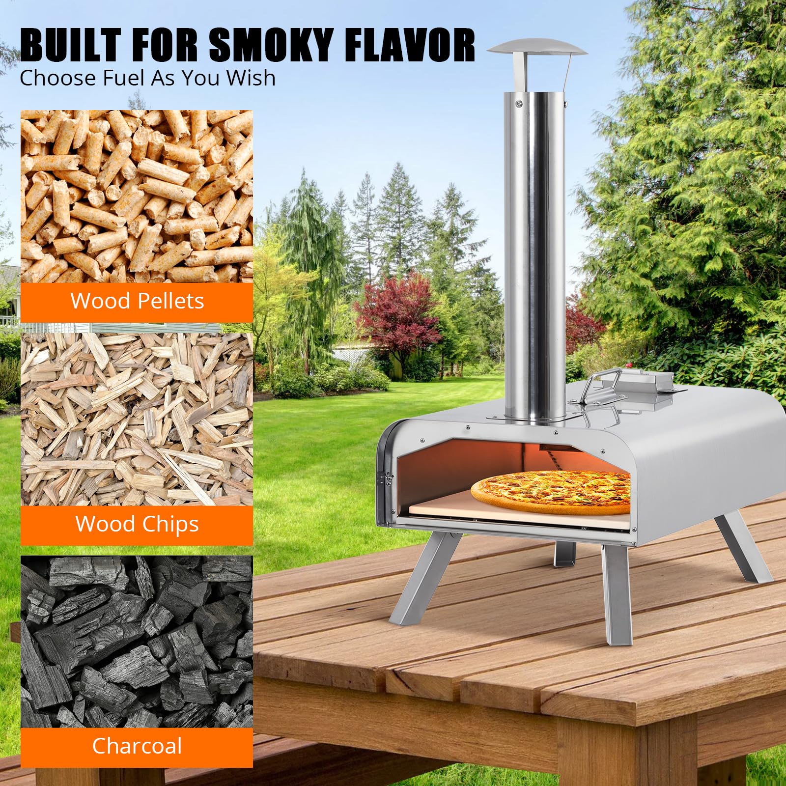 Garvee Four à pizza portable 12" à granulés de bois multifuel – Acier inox argent, poignée supérieure – Pierre à pizza 12" – Pelle, sac de transport – Pieds pliables – Couleur : inox argent, jambes