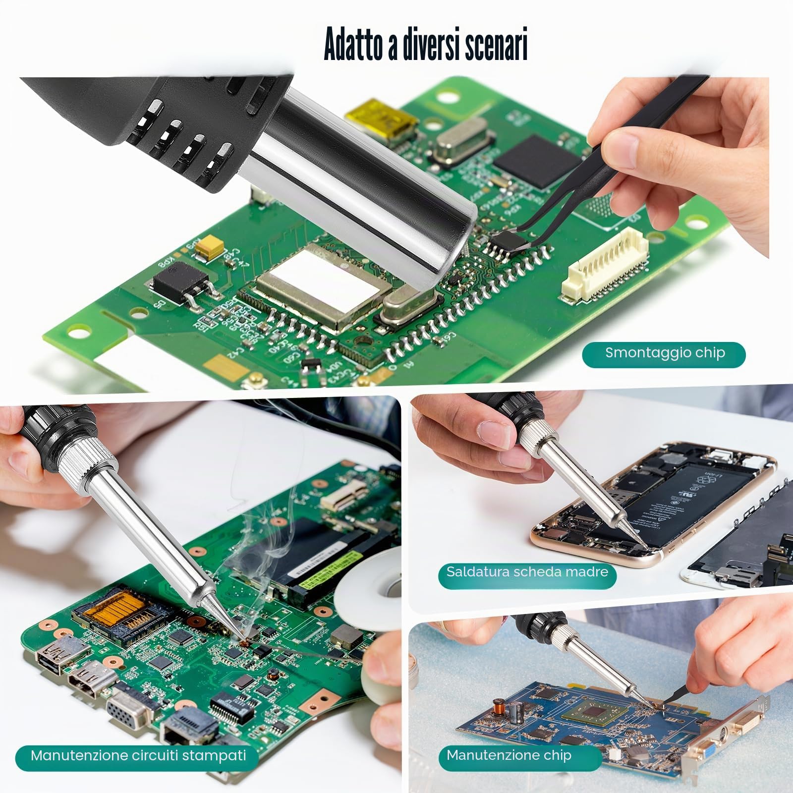 Stazione Saldante, Stazione Dissaldante Calda 2-in-1 per Ricottura con Schermo LCD, Ugelli a Cambio Rapido, Auto Start/Stop,Temperatura Regolabile e Volume D'aria, Ampia Gamma di Scenari Applicabili