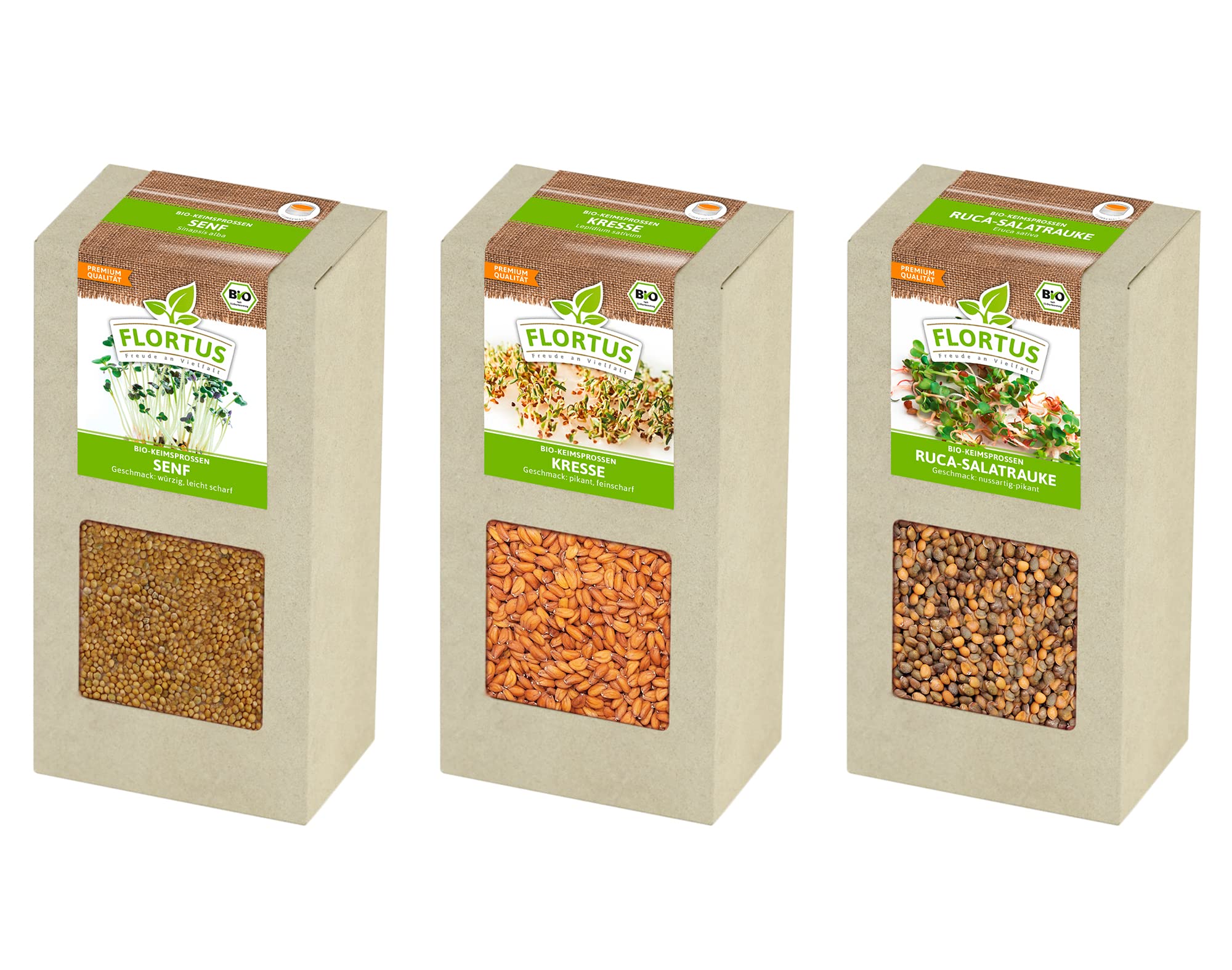 FLORTUS BIO Keimsprossen Archiv Geschenkbox Lieblingssprossen - inkl. 3 Sprossen Sorten & Keimschale aus Glas | Kresse, Senf & Rucola | Geschenkset mit Keimgerät, Microgreens & Sprossen Samen
