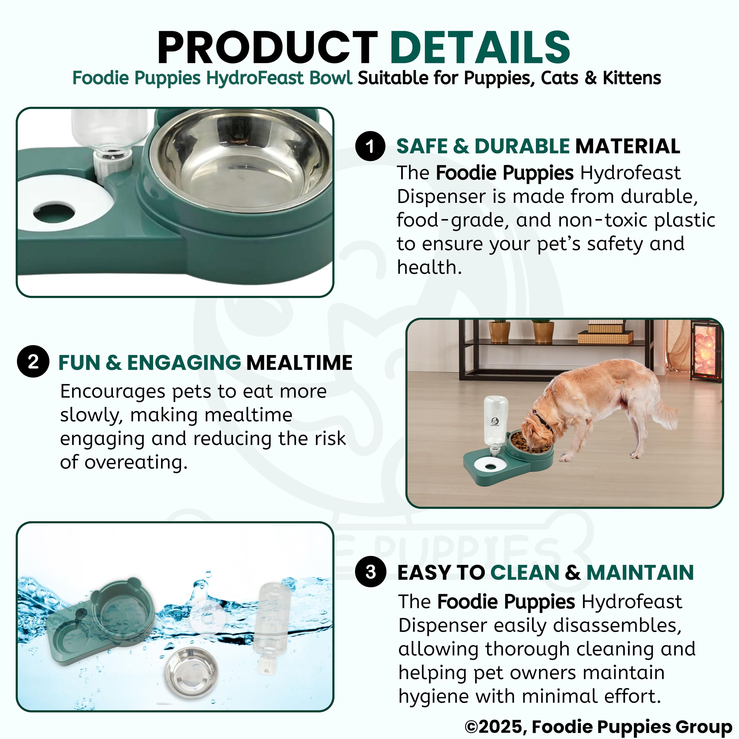 Foodie Puppies 2 in 1 Cat Feeder Bowls with Automatic Water Dispenser - (HydroFeast Bowl), Detachable Design, Stainless Steel, Tilted Raised Bowl for Puppies, Small Dogs, Cats, Kittens 3