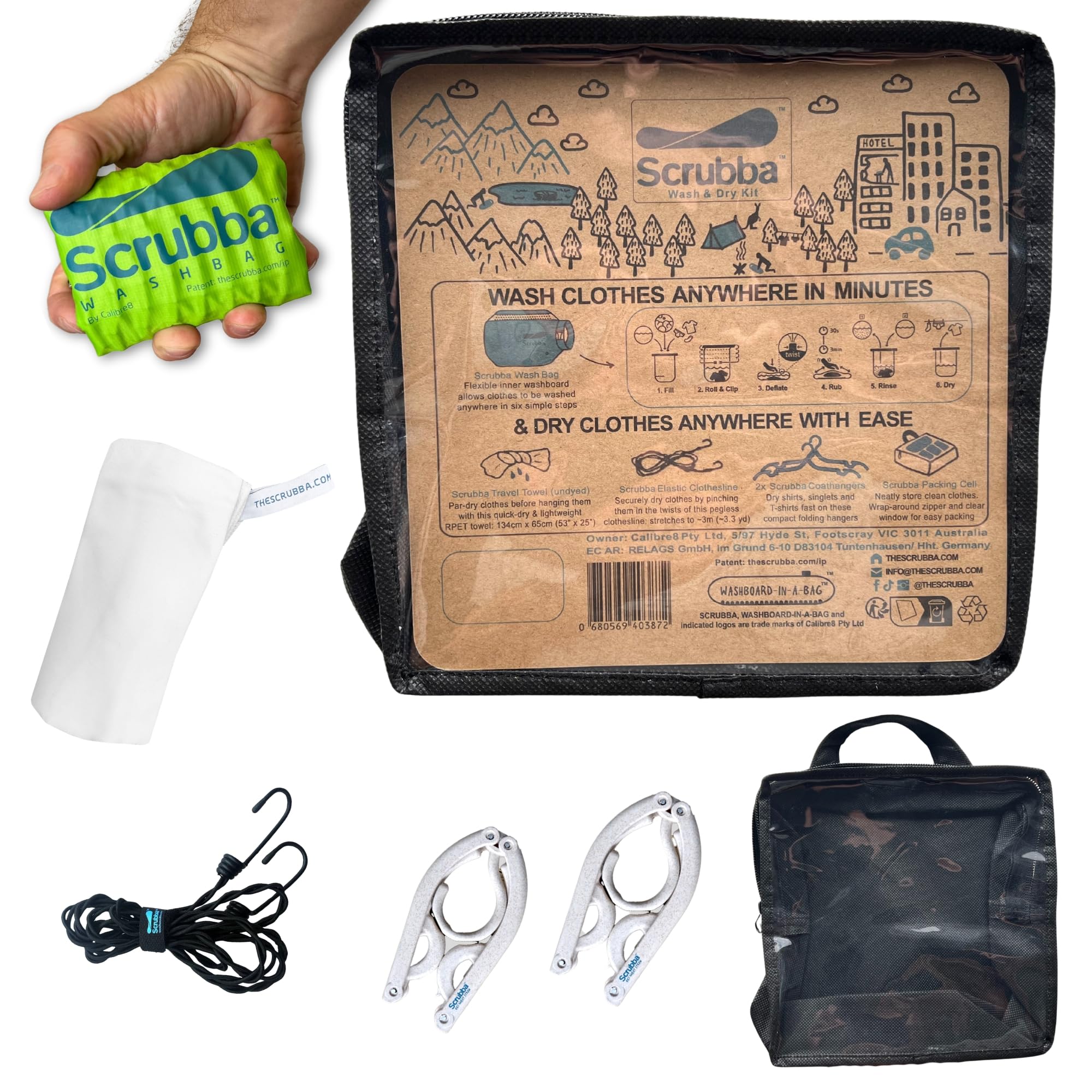 Scrubba Wash Bag & Dry Kit – Portable Washing Machine System with XL Towel, Pegless Clothesline & Hangers – Lightweight Travel Essentials Laundry Kit for Camping, Hiking, Hostels & Hotels
