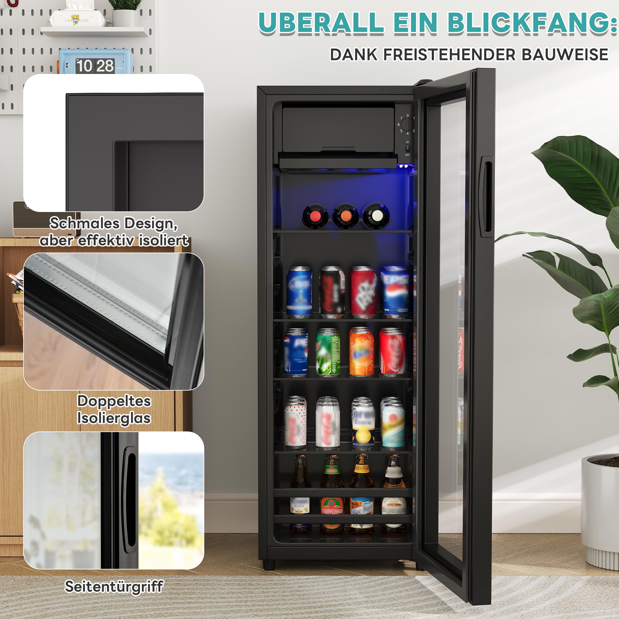 Merax Frigorifero 128L, freestanding, refrigeratore per bevande con frigorifero da 120 L + congelatore da 8 l, con illuminazione interna a LED e ripiani regolabili, super silenzioso per ristorante,