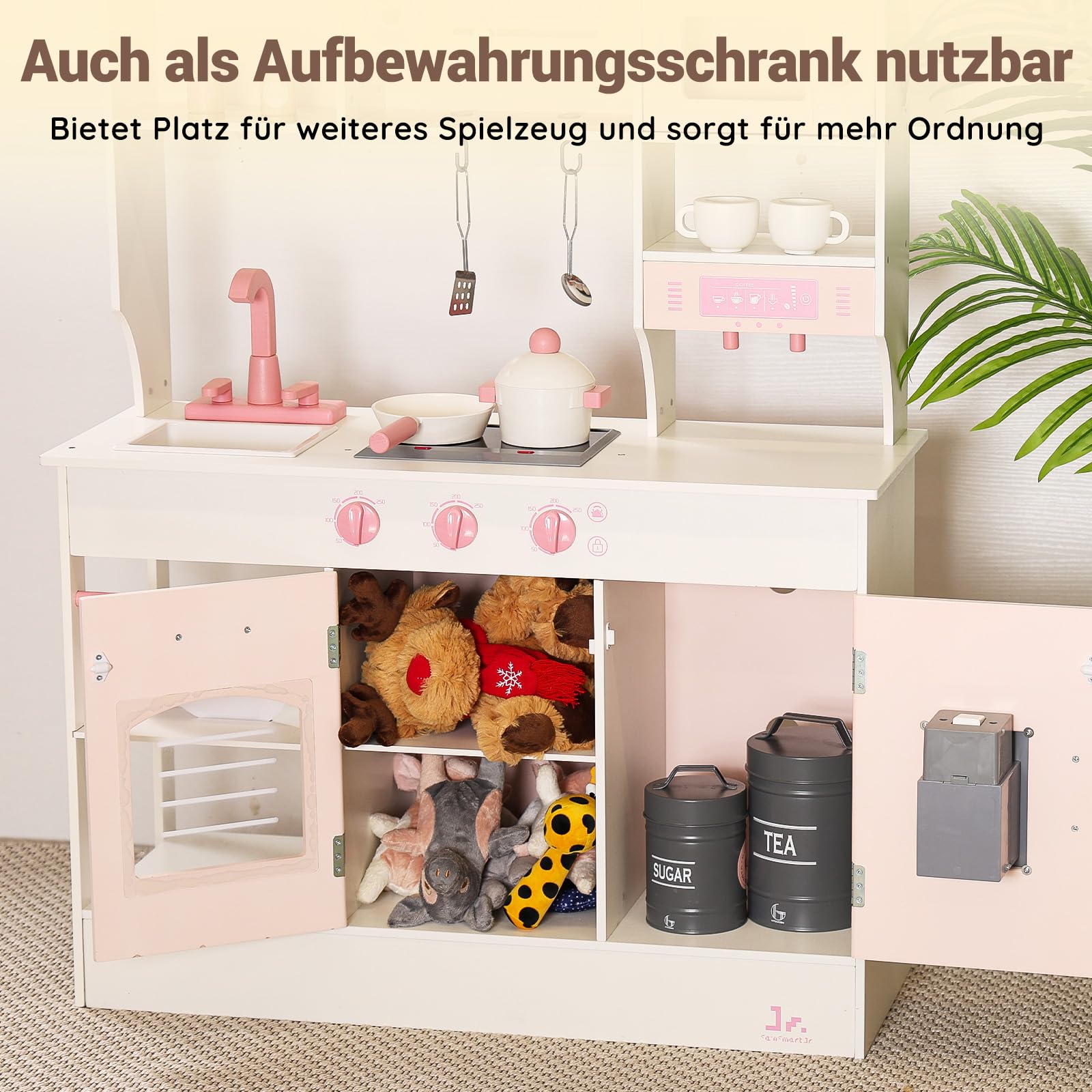 SainSmart Jr. Kinderküche Holz Spielküche für Kinder, Rosa – mit Licht & Sound, Eiswürfelspender, Mikrowelle, Backofen & Spüle, große Kinder Küche mit Zubehör, Rollenspiel ab 3 Jahren