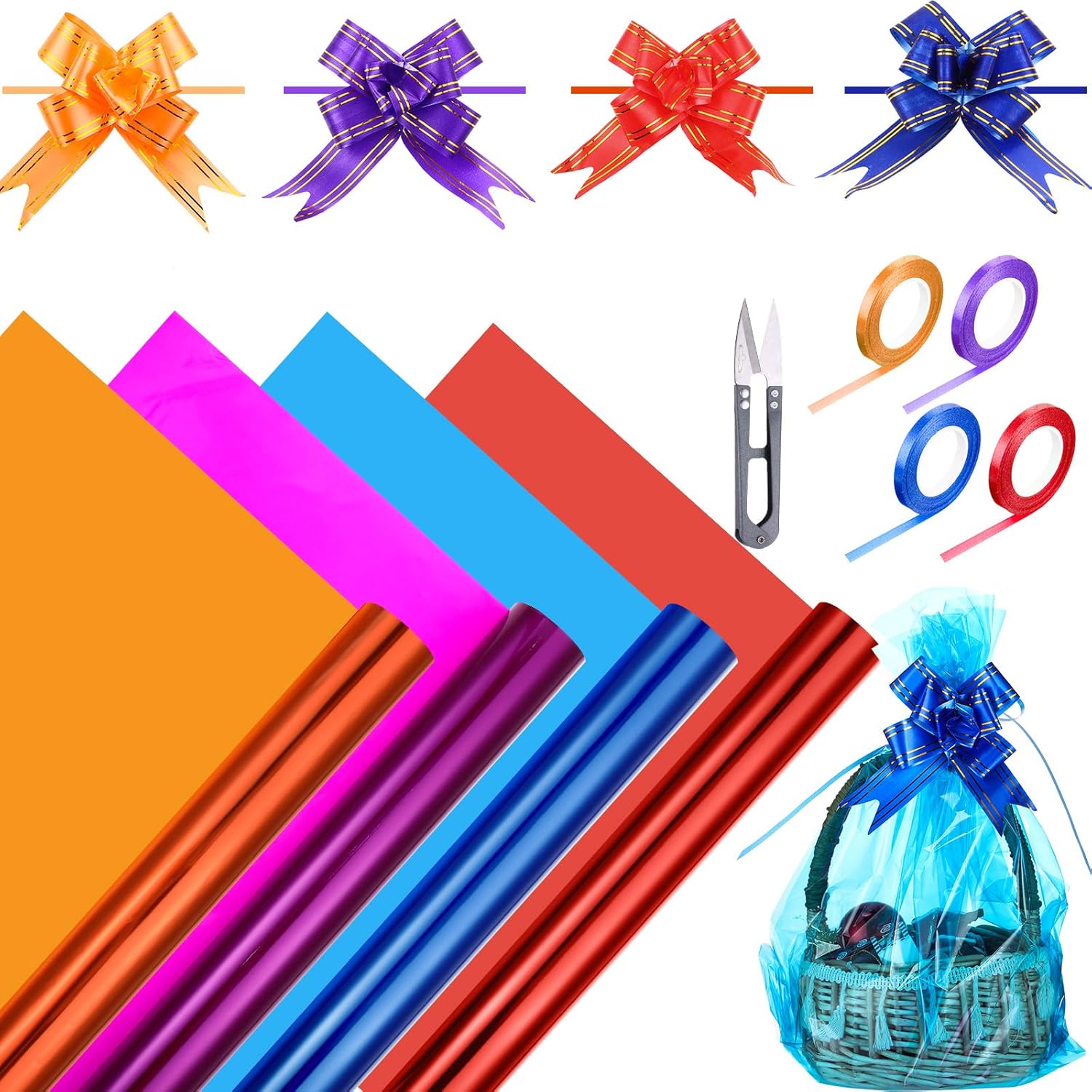 Tenceur Juego de 49 envolturas de celofán transparente de color Pascua, 4 rollos de 15.8 pulgadas x 98.4 pies, 40 lazos coloridos, 4 rollos de