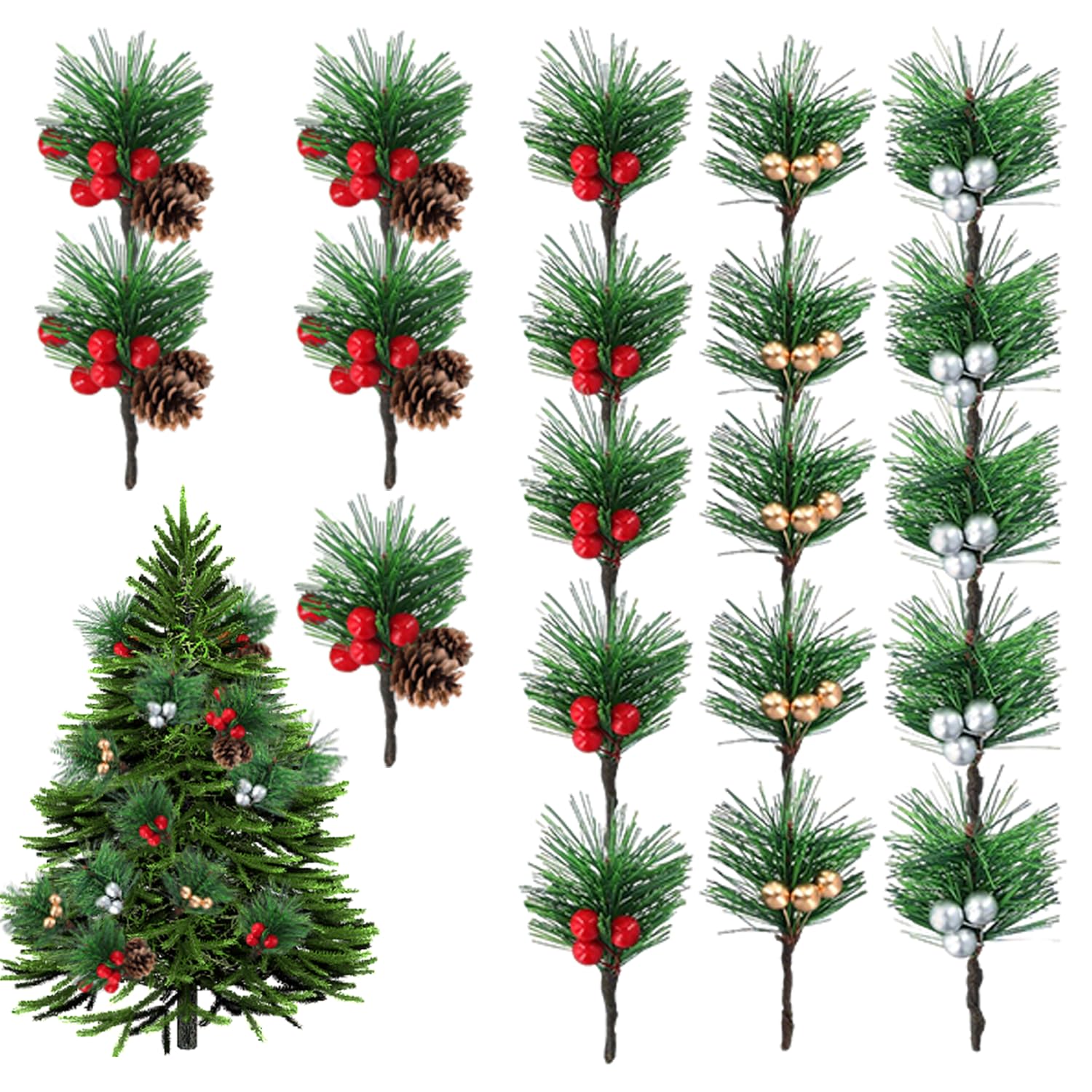 TILONKJ 20 Pieces Realistic Artificial Pine Sprigs with Red Berries and Pine Cones,Needles Branches,Small Christmas Greenery Decor for DIY Wreaths,Winter Weddings and Festive Arrangements(4-Style)