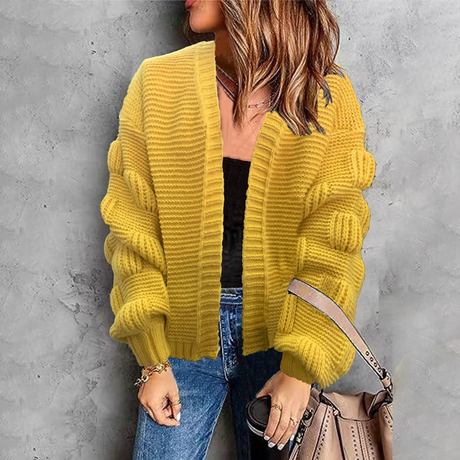Generisch Strickjacke Damen Puffärmel Grobstrickjacke Übergang Winterjacke