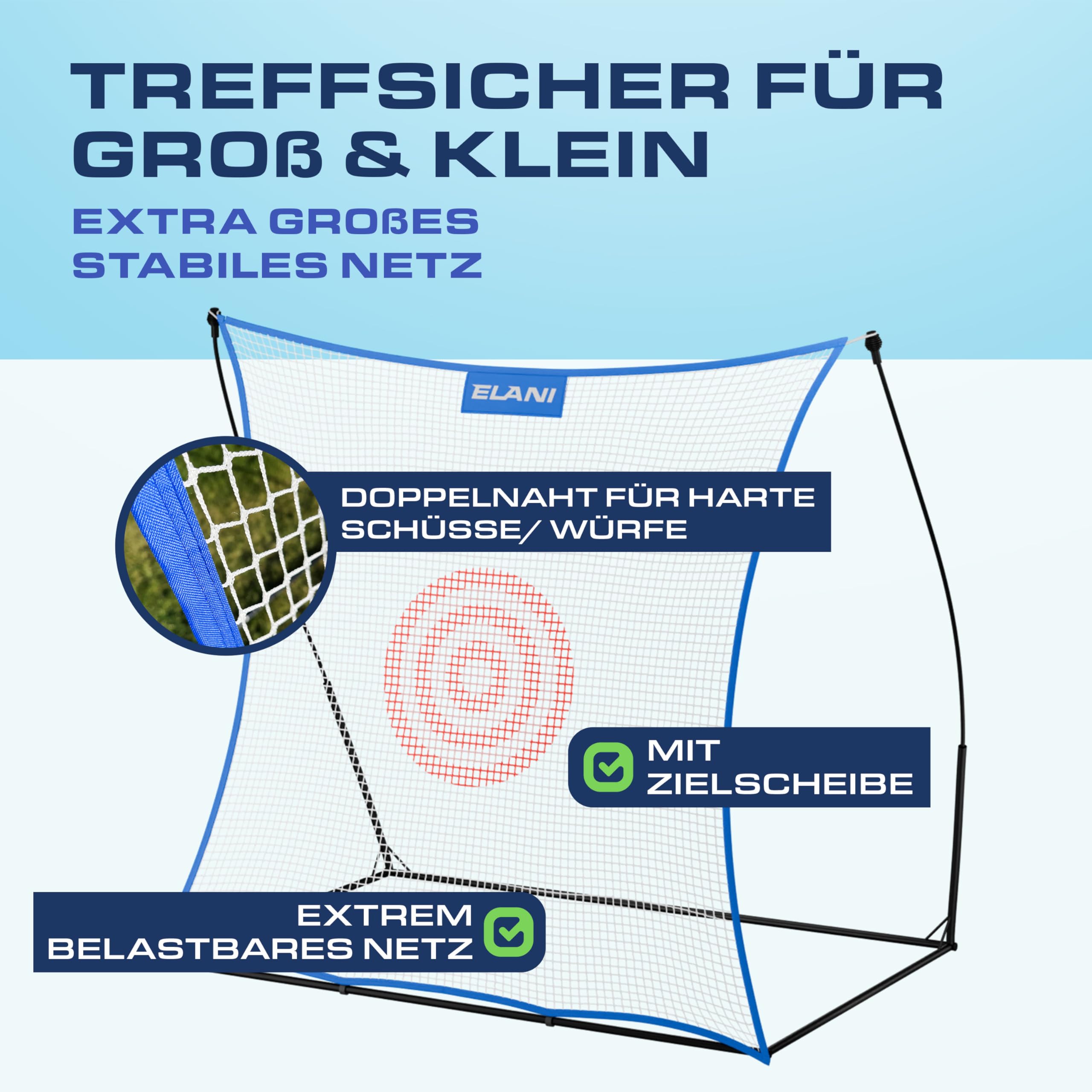 ELANI - Rebounder 2x2m - extra groß mit Zielring & 8 Heringen für sicheren Stand - Fussball Rebounder mit stabilem Rahmen - Fußball-rebounder, Handball Tor, Bouncer Fussball, Ball Trampolin