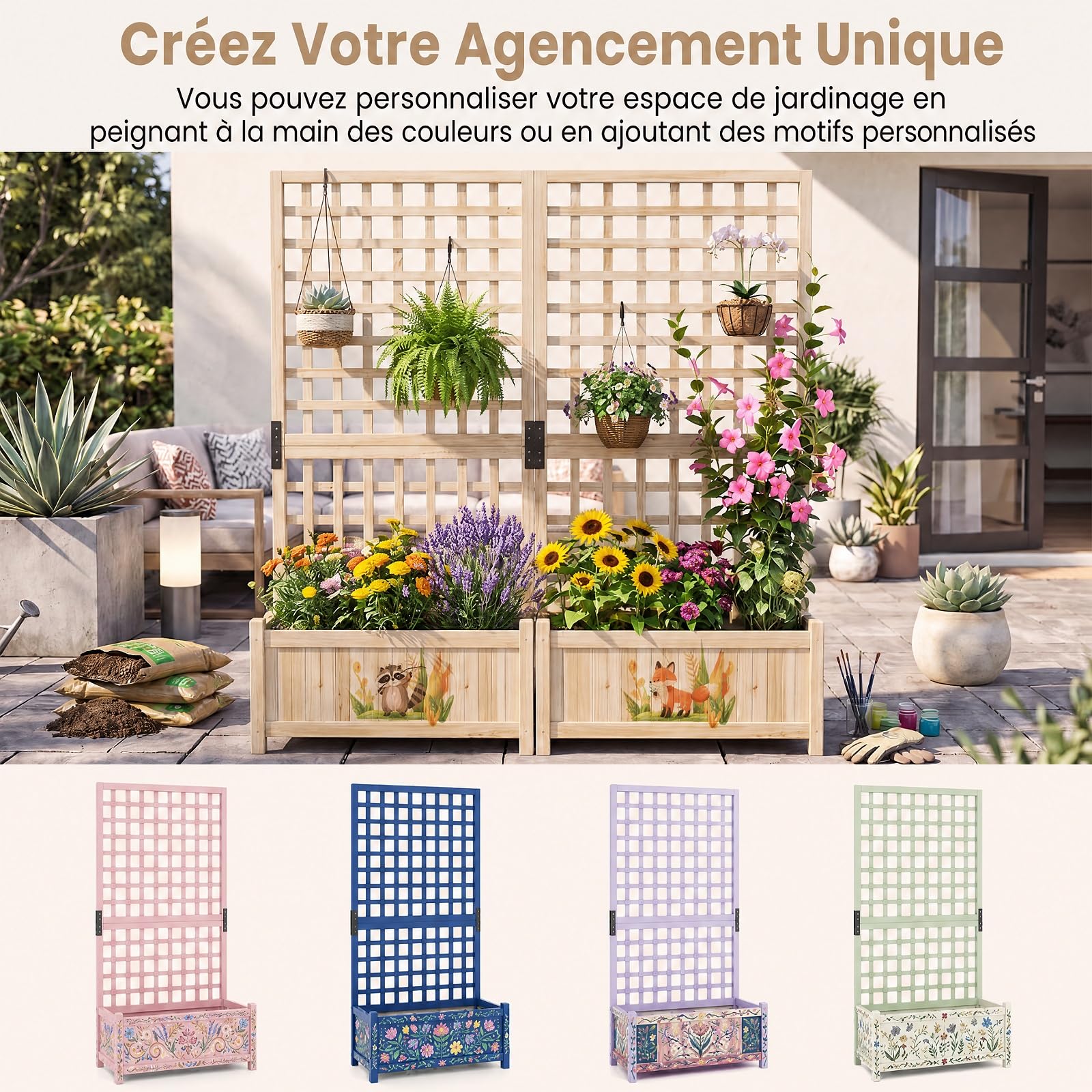 GOPLUS Jardinière avec Treillis en Bois, Jardinière Brise Vue sur Pieds, 76x32x143CM, avec Fond Amovible, 3 Trous de Drainage, Bac avec Treillis à Fleur, Plante Grimpant, pour Balcon, Jardin (Naturel)