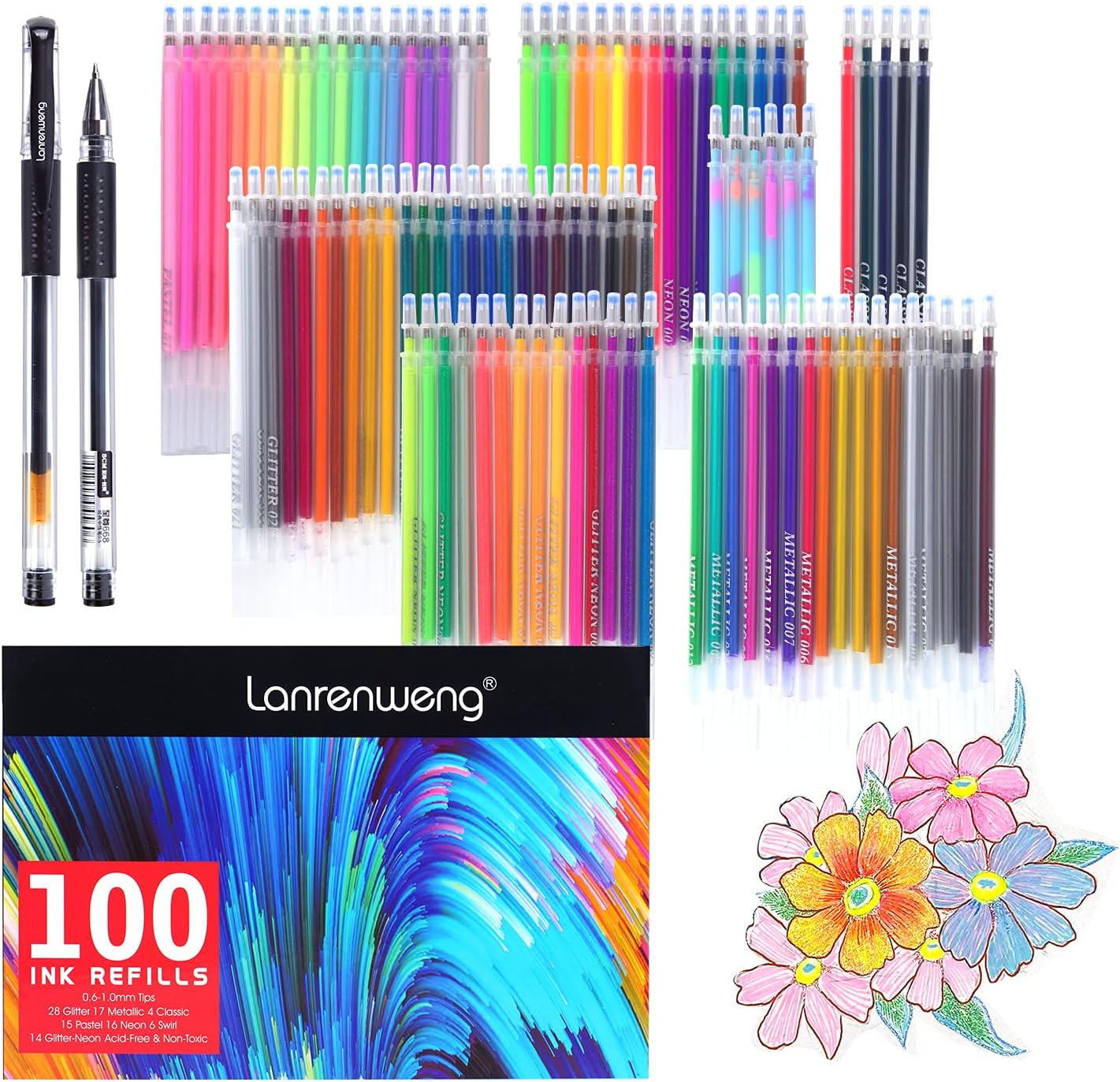 100 Colors Gel Pen Ink Refills, LANRENWENG Glitter Neon Gel Ink Pens Refills Replace