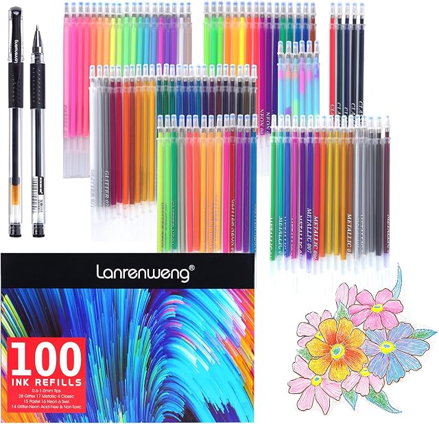 100 Pack Gel Pen Refills Glitter Metallic Pastel Fluorescence Neon Pen Ink Refills for Adult Coloring Books, Scrapbooking, Drawing
