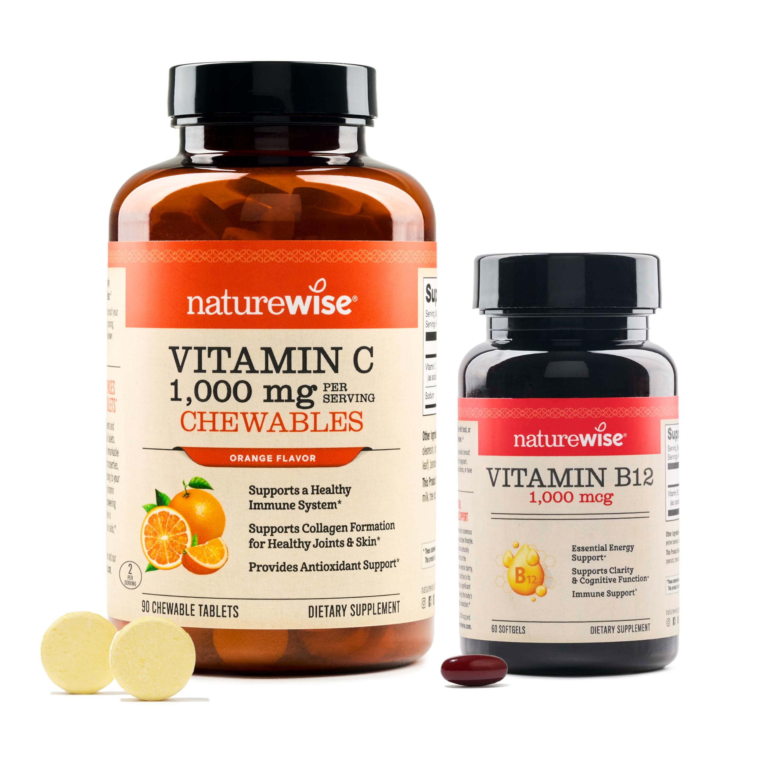 NatureWise [1] Extra Strength Vitamin C 1000mg - Non-GMO 90 Chewable Tablets[45-Day Supply] + [1] Vitamin B12 1000 mcg - Gluten-Free, Non-GMO - 60 Softgels[60-D