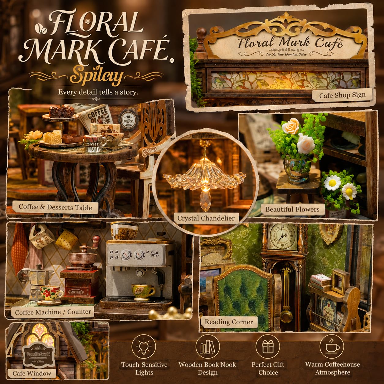 Spilay Miniatur Haus, Vintage Blumencafé Puppenhaus Holz | DIY Miniature House mit LED-Licht, 3D Puzzle für Erwachsene, Miniatur Bausatz, Regal Deko Geschenk