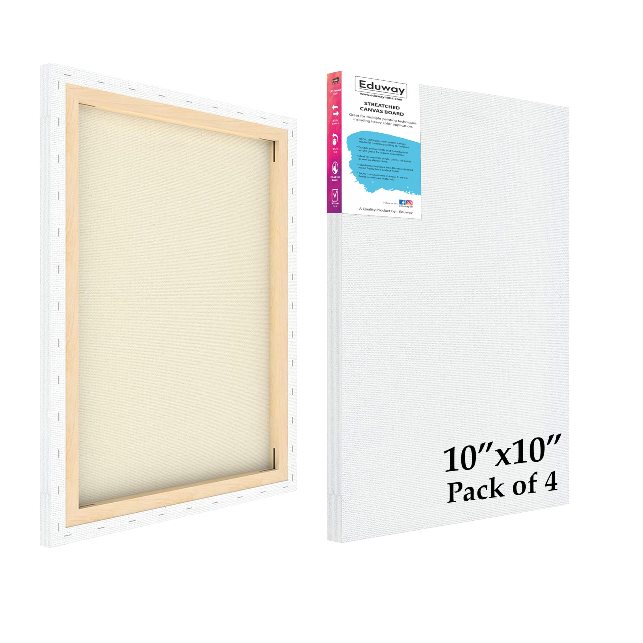 Eduway® 10x10 inches Pre Stretched Medium Grain 7Oz Primed Cotton ...