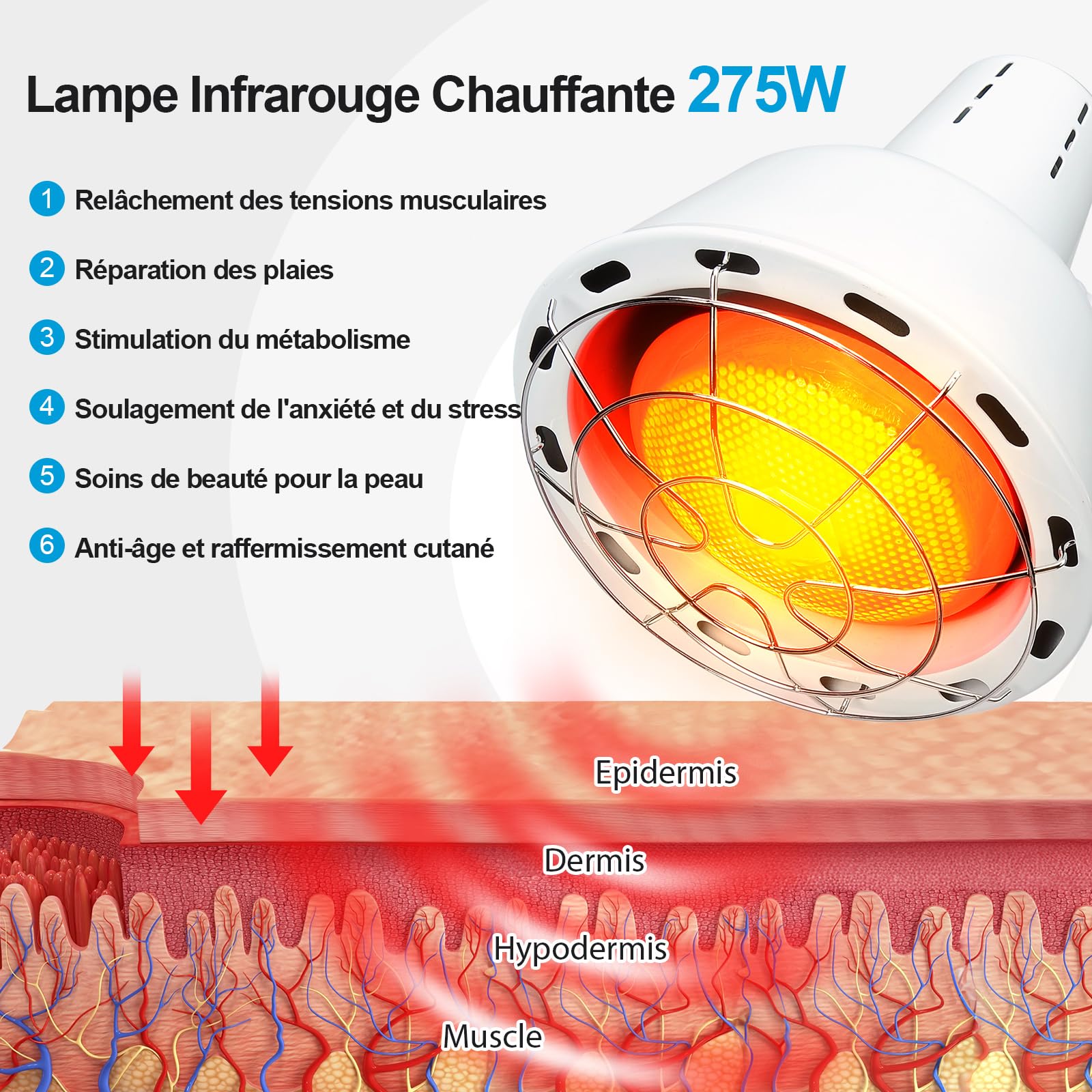Lampe infrarouge 275W, 10 températures, minuterie | 40–100°C, 5–30 min, anti-brûlure, 360°, détente à domicile